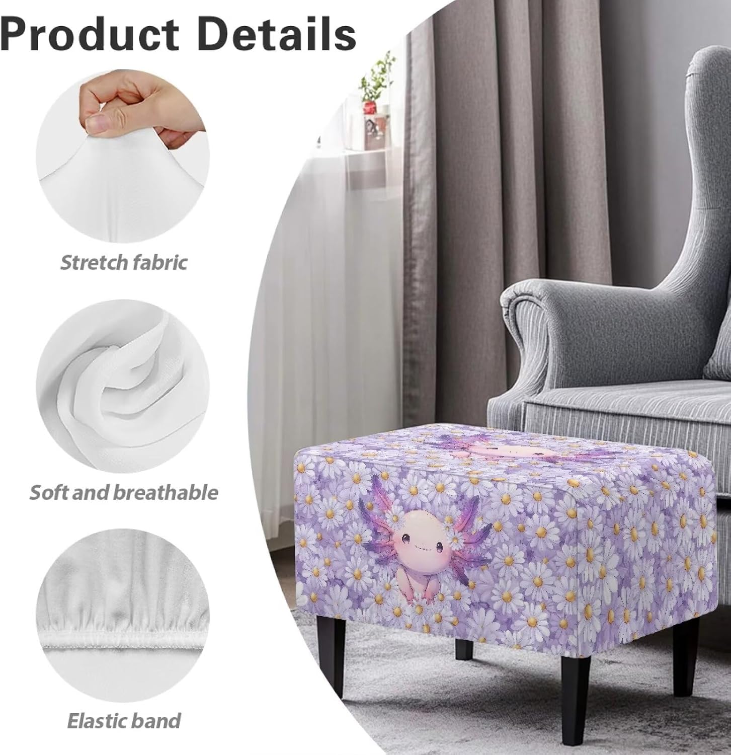 Talayituse Axolotl Daisy Print Stretch Ottoman Cover Ottoman Slipcover Sofa Cover Footstool Protector Storage Ottoman Covers Furniture Protector Soft Rectangle Slipcover with Elastic Bottom, Small