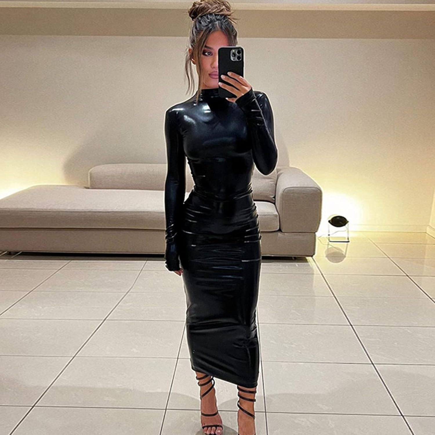 Women Faux Leather Long Sleeve Midi Dress Sexy Mock Neck Bodycon Party Dresses Club Outfits - Image 2