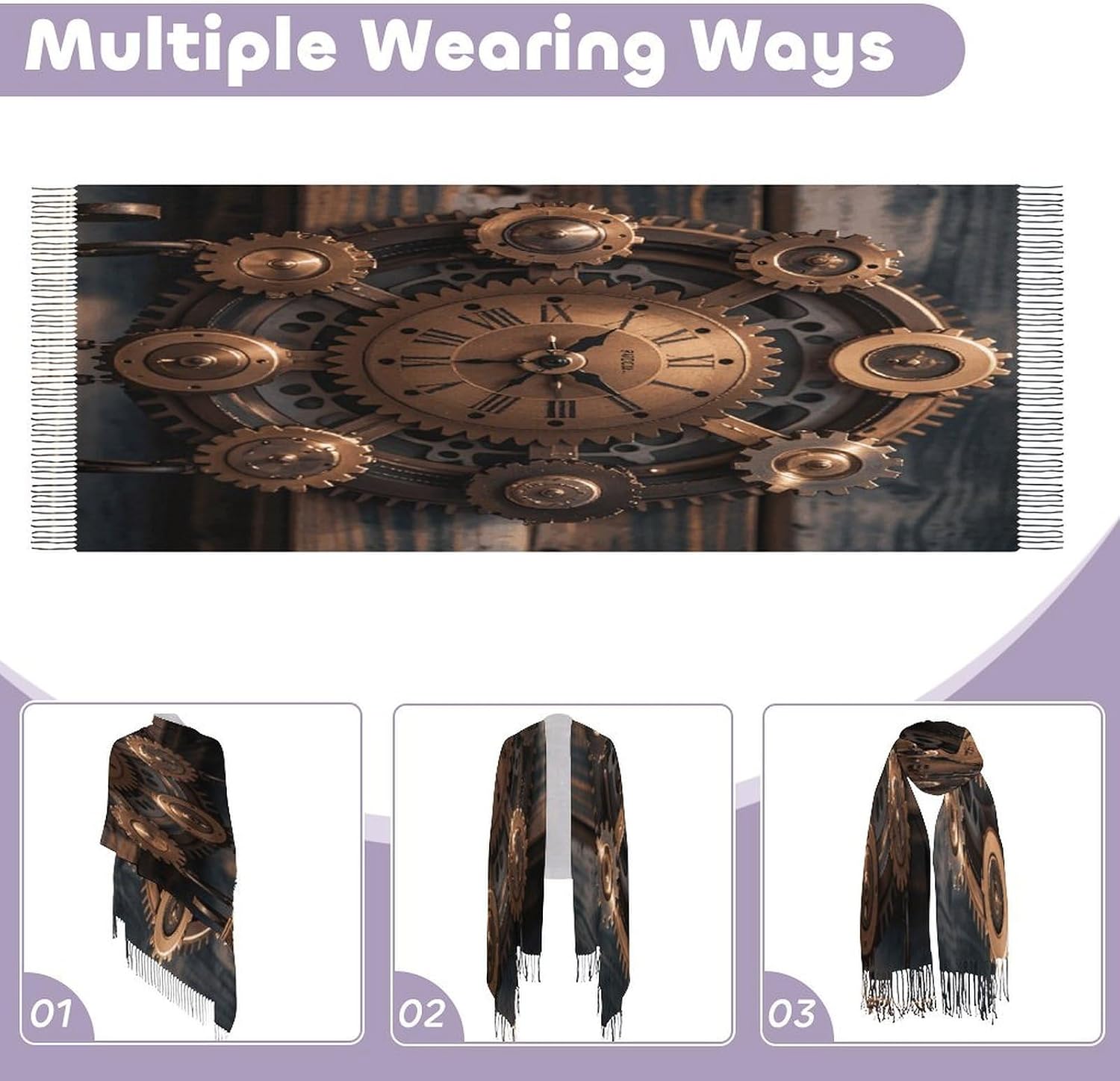 Vintage Gears Clock Scarf for Women Men Classic Fashion Blanket Scarves Soft Cashmere Feel Scarf Cold Weather Warm Long Shawl Winter Large Scarves Classic Blanket Scarfs Thick