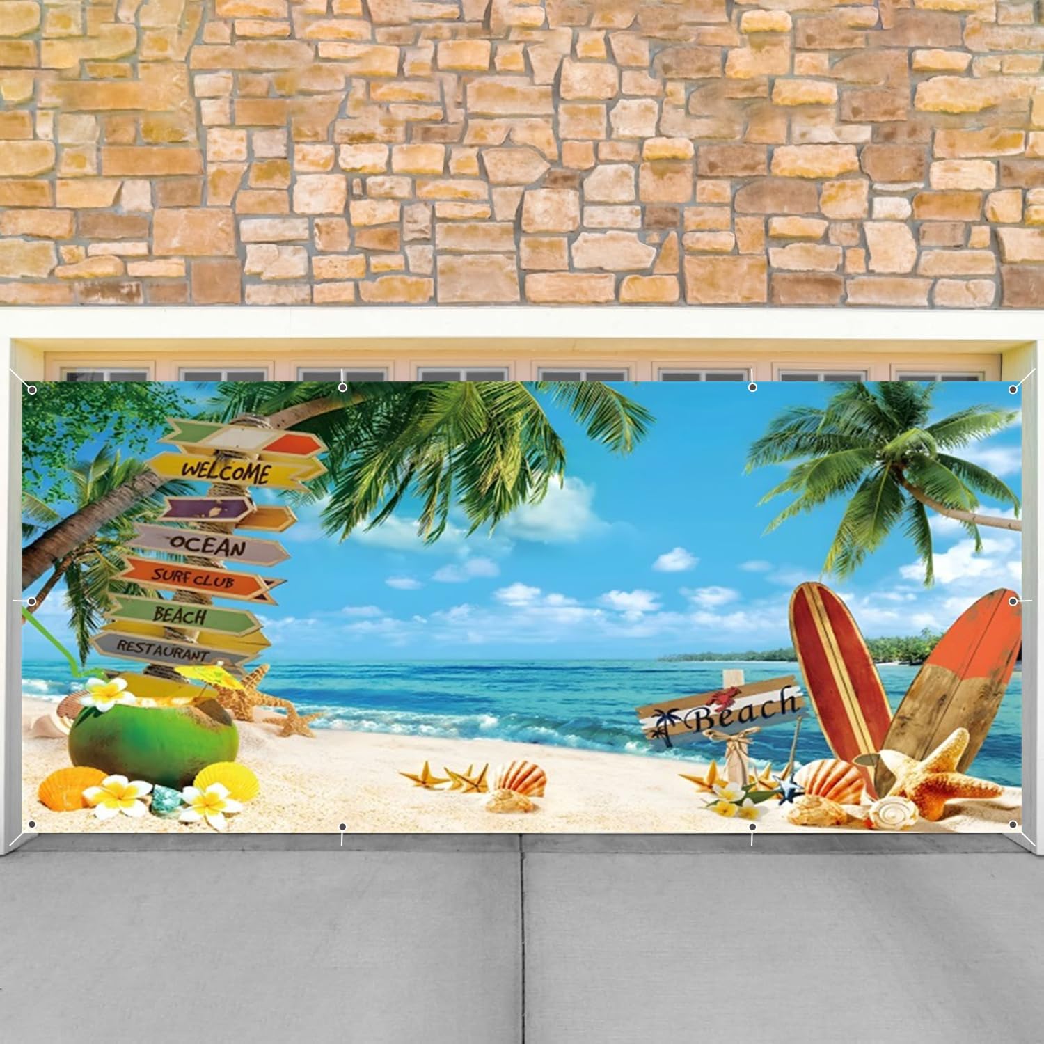 Hawaiian Beach Garage Door Cover Banner Decorations Backdrop 8x16ft Large Summer Aloha Beach Tropical Ocean Palm Surfboard Garage Door Cover Outdoor Birthday Party Baby Shower Garage Door Decorations