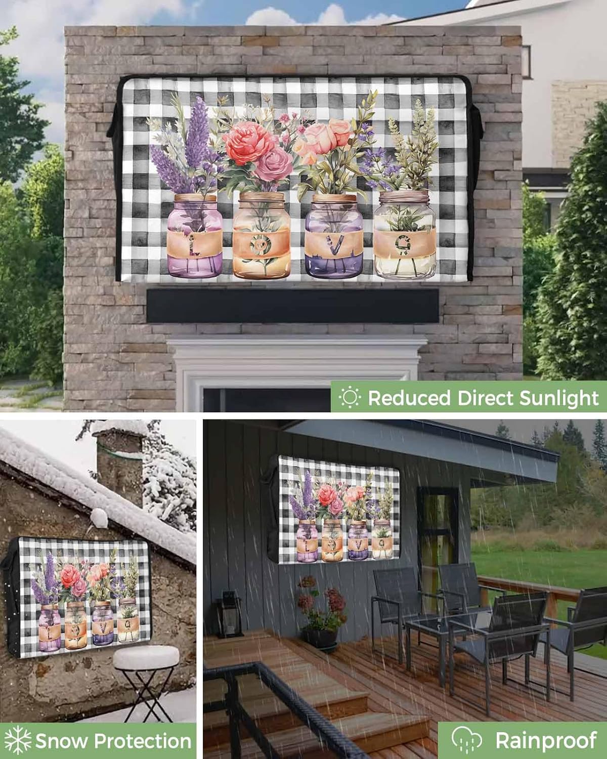 Outdoor TV Cover Buffalo Plaid Watercolor Roses with Lavender Wooded Waterproof and Weatherproof 80"-85" LCD Movable Shield TV Display Screen Protector Outside Television Covers
