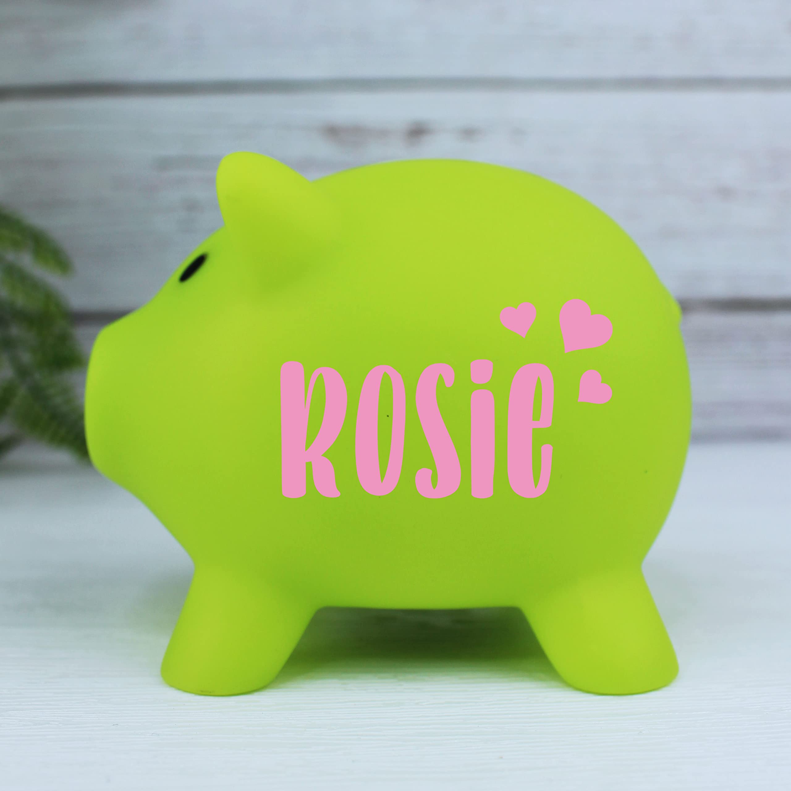 eBuyGB Personalised Plastic Piggy Bank, Kids Money Box, Saving Money Jar Keepsake for Children, Novelty Gift (Lime Green)