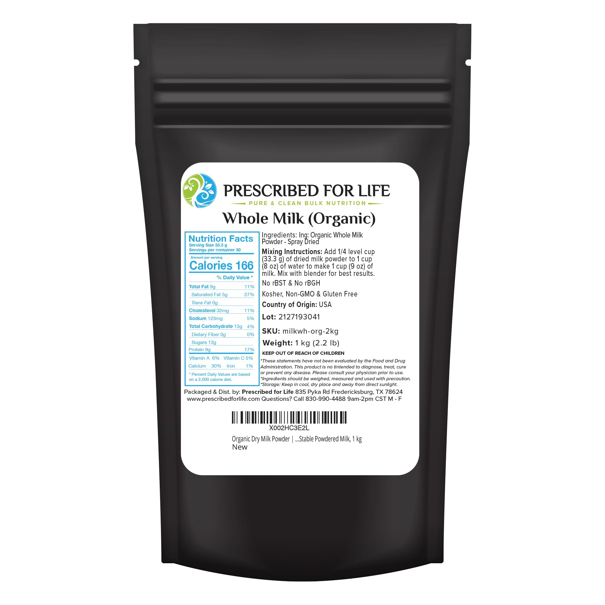 Prescribed For LifeOrganic Dry Milk Powder, USDA Grade A Whole Milk rBST & rBGH Free, Non GMO, Kosher, Shelf Stable Whole Milk Powder (1kg / 2.2lb)