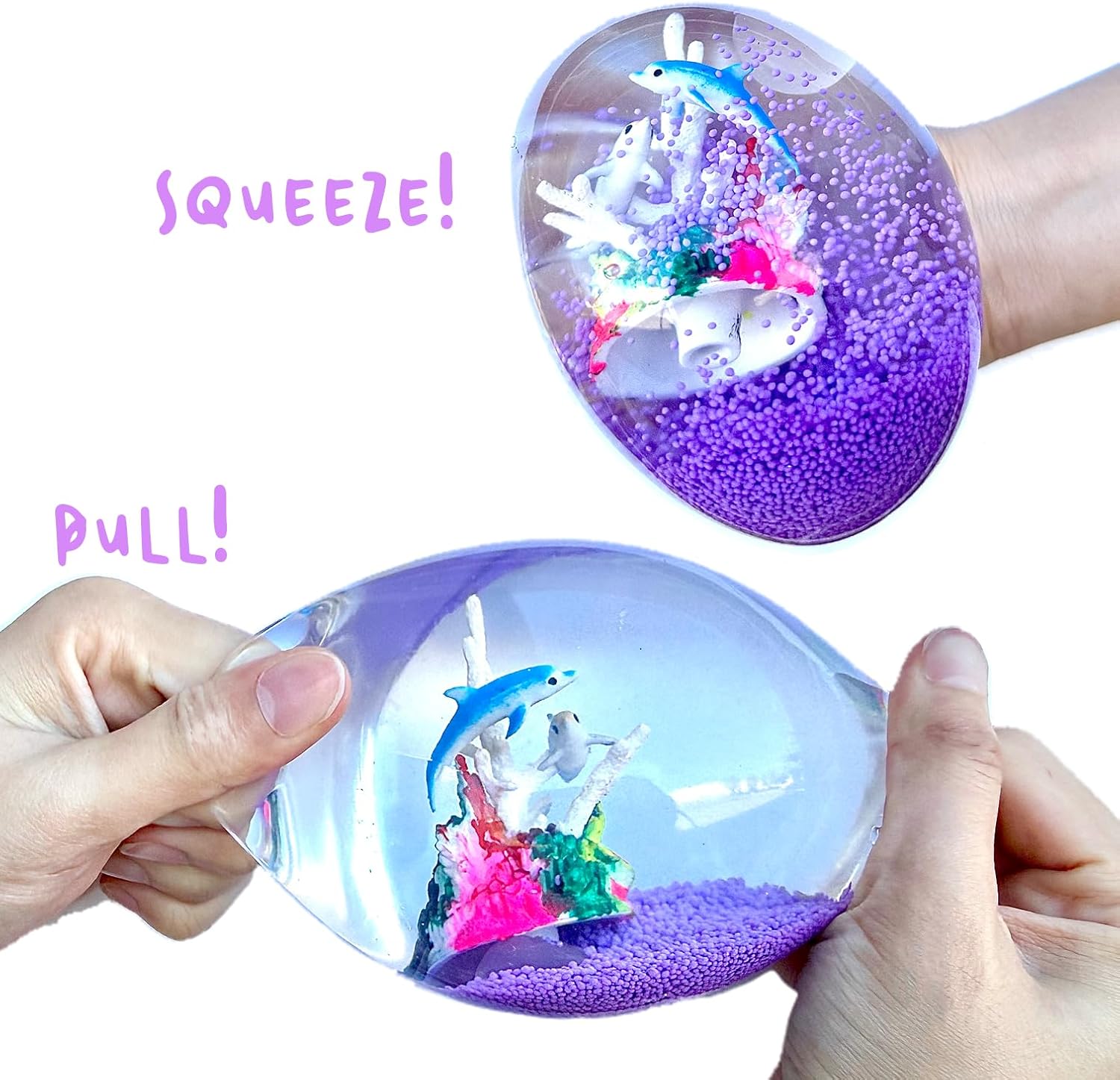 Big Ocean Stress Ball - Cool Floating Coral Rock Fish and Glitter Aquarium Sensory Squishy Nice Squeeze Fidget Cute Squish Toy - 3.5" Ball