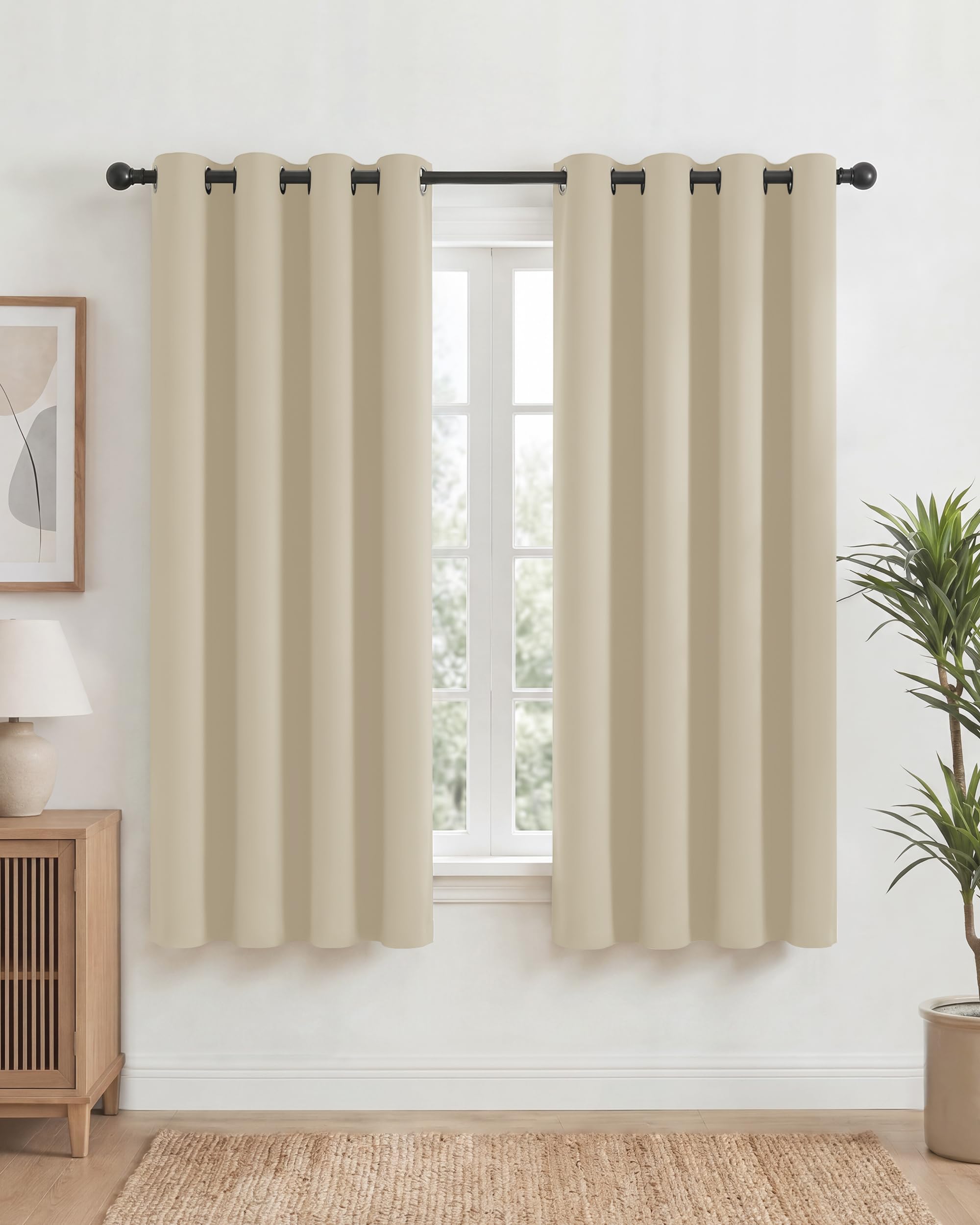 PONY DANCE Beige Eyelet Blackout Curtains 2 Panels W52 xL63, Thermal Insulated Room Darkening Drapes for Bedroom & Lounge, Classic Energy Saving Privacy Noise Reducing