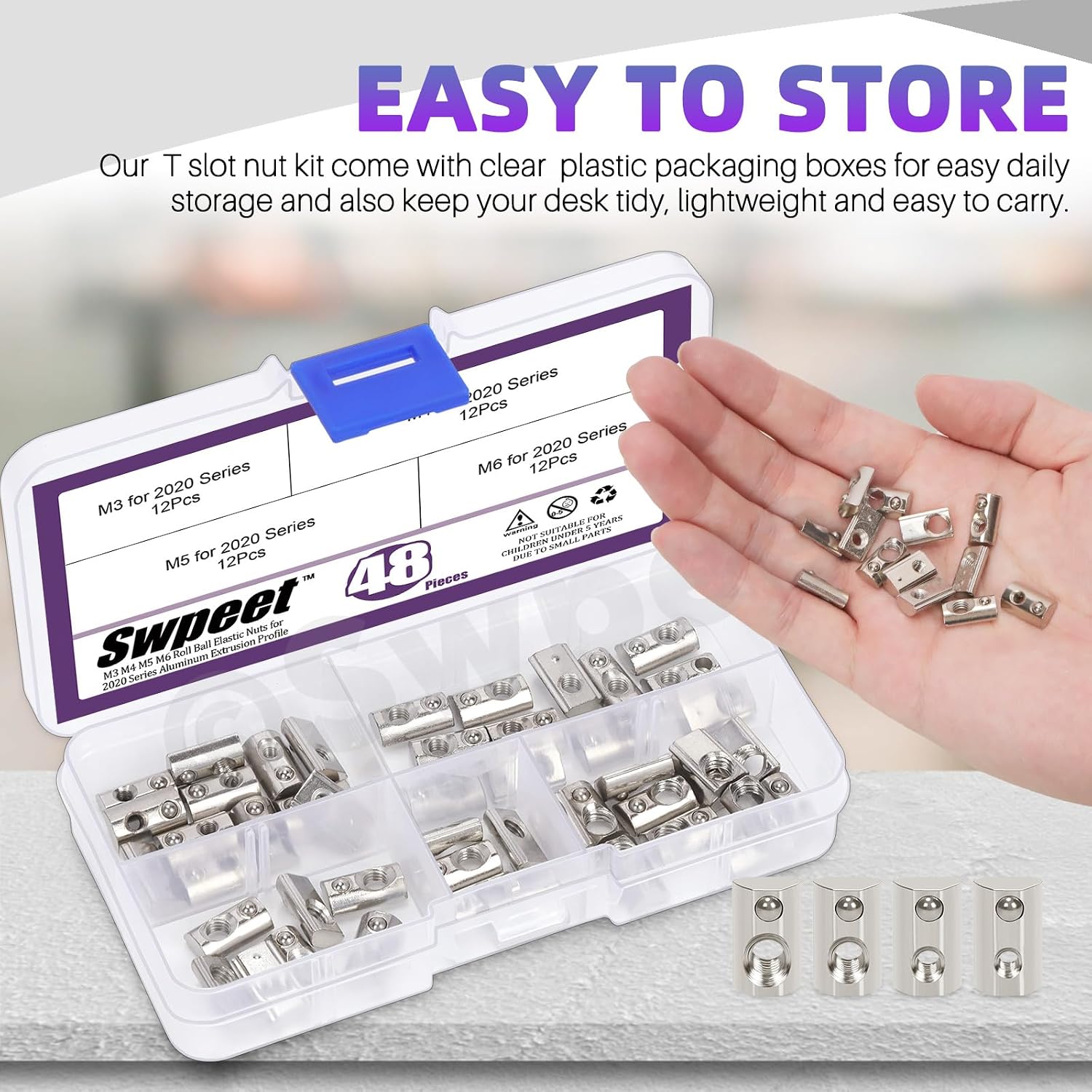 Swpeet 48Pcs 2020 Series Carbon Steel Nickel Plated Roll-in Spring T Nut M3 M4 M5 M6 Assortment Kit, T Slot Nuts, Roll Ball Elastic Nuts for 2020 Series Aluminum Extrusion Profile Rail
