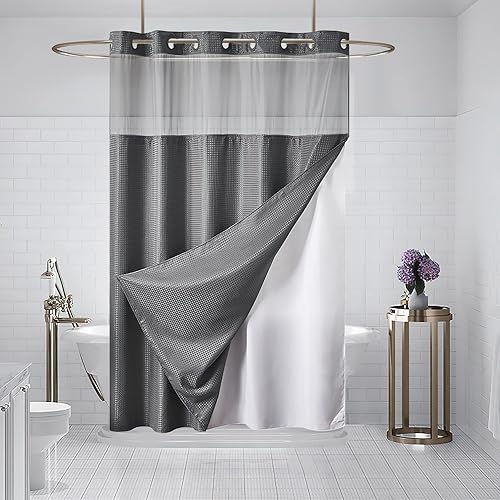Miniatura 7 de Furlinic Cortina de ducha con tejido de gofre sin ganchos con forro de tela a presión, cortinas de baño con textura de panal con ventana superior