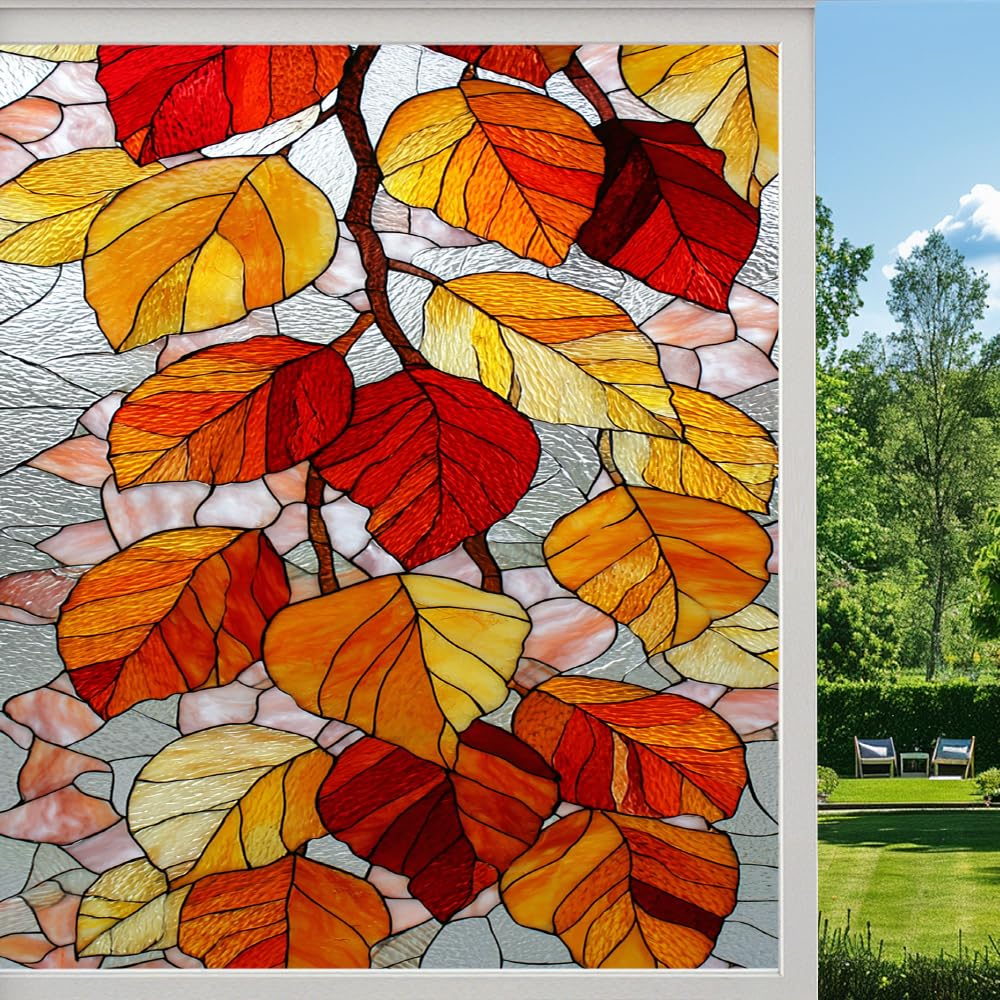 Pmlbaous Natural Leaves Stained Glass Window Film, Colorful Maple Leaves Peel And Stick Privacy Film, Frosted Adhesive Vinyl Decorative For Bathroom Windows Glass Doors, （80X120cm）