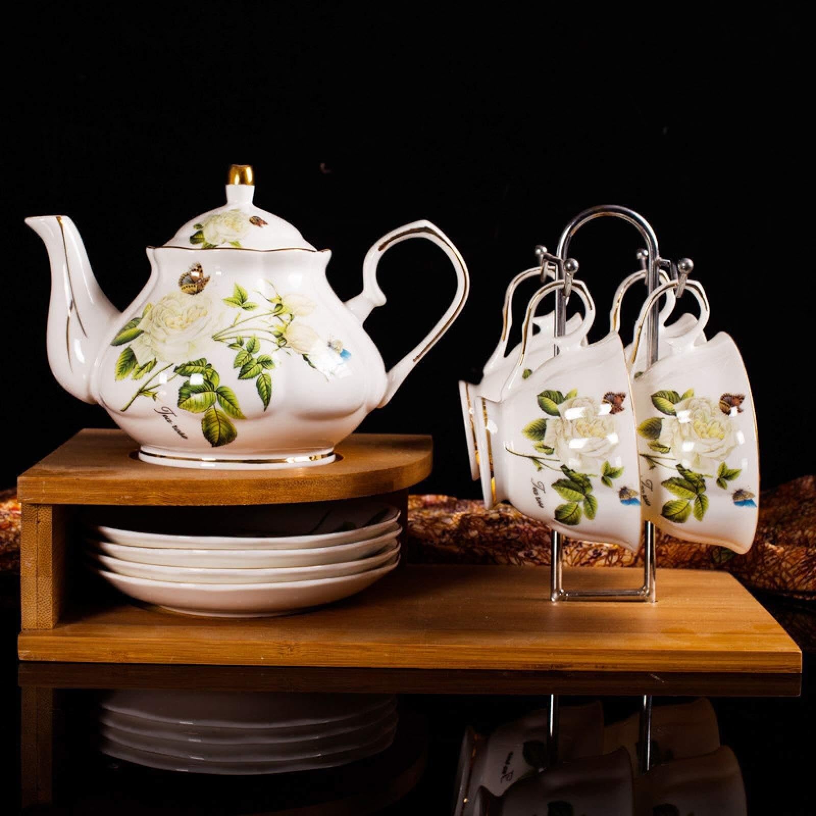 Vintage kwiatowy serwis do herbaty brytyjska porcelana zestawy do herbaty filiżanki do herbaty i spodek zestaw porcelanowy zestaw upominkowy do kawy ze stojakiem na kubki, A