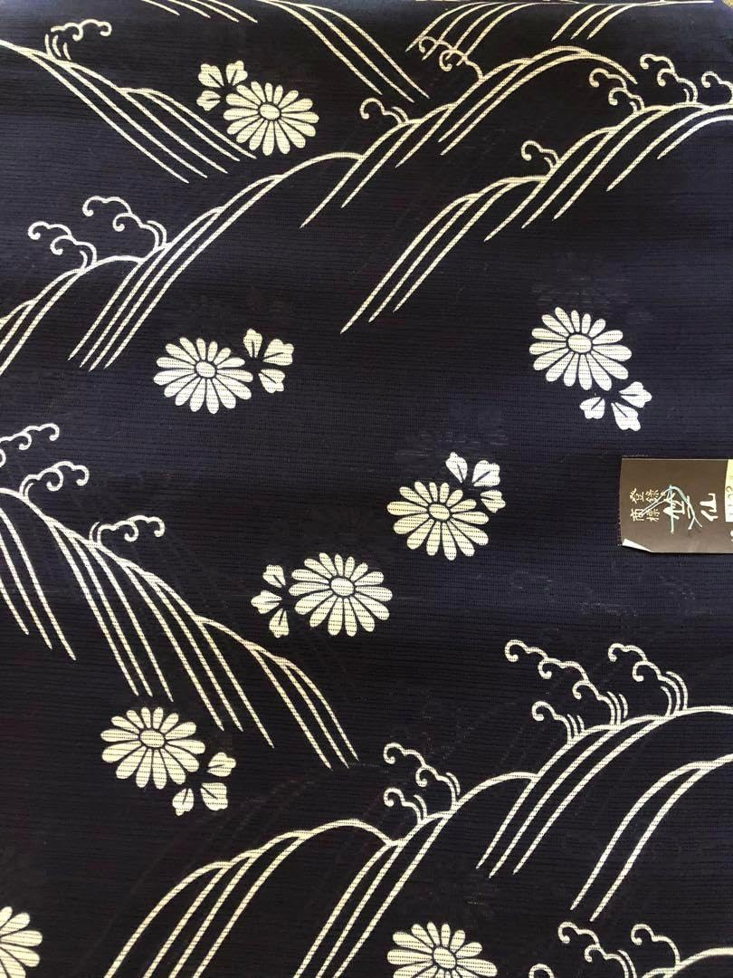 竺仙 浴衣 反物 綿絽 紺地に白抜 波頭に菊花 竺仙 浴衣 男