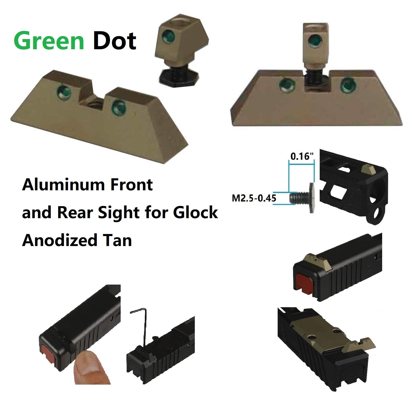 TWP Aluminum Front and Rear Sight 6.5 mm for Glock 17 19 22 23 24 26 27 31 34 35, Anodized Tan,Green Dot