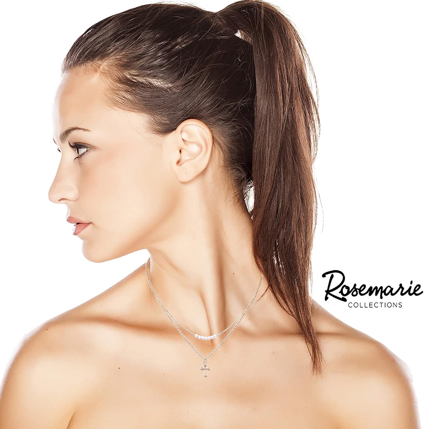 Rosemarie's Religious Gifts Women's Dainty Cross And Simulated Pearls 2 Strand Multi Chain Necklace,16"+ 3" Extender