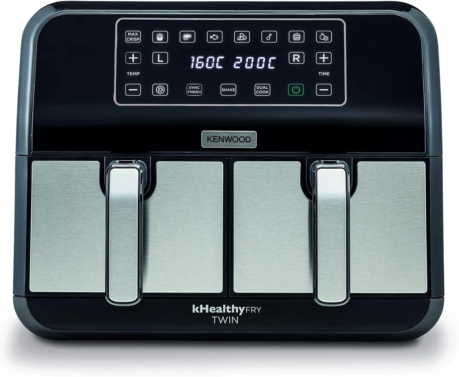 Front view of the Kenwood Digital Twin Air Fryer showing the digital control panel and dual baskets.