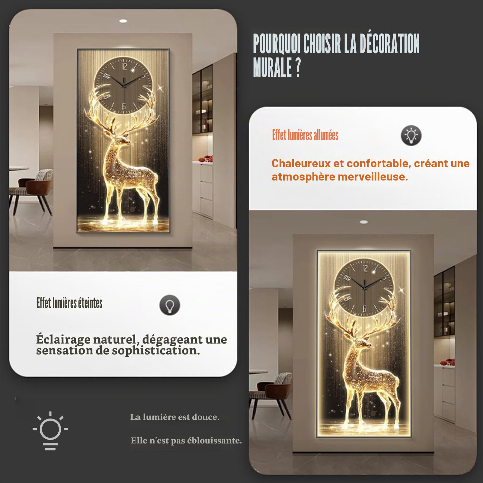 Horloge Murale Design Moderne, Décoration Murale 3D avec Lumière LED, Mécanisme Quartz Silencieux, Design Antlers, pour Chambre, Maison, Cuisine, Chambre, Bureau, École
