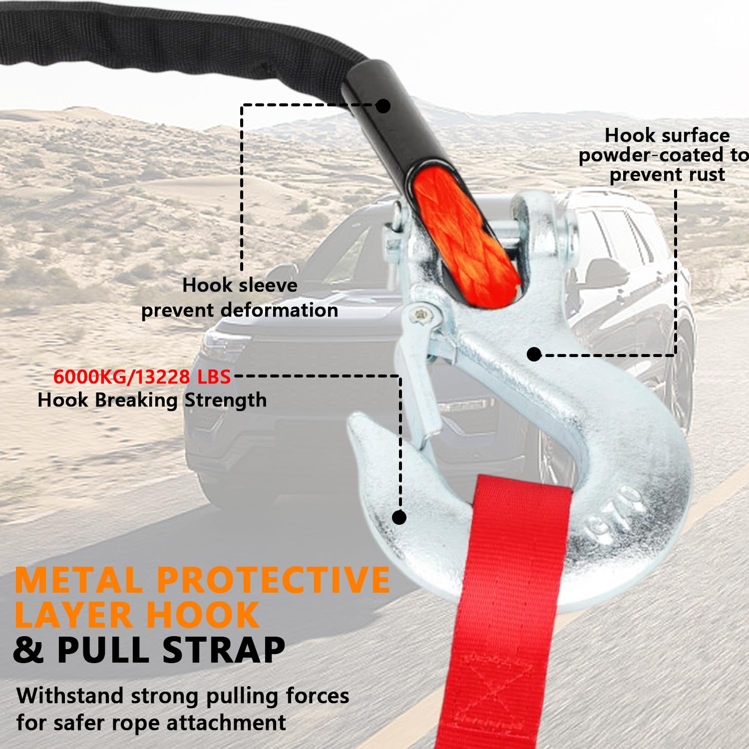 Winch Cable, 8 mm x 15 m Cuerda Cabrestante, Cuerda Sintética 12 Hilos con Funda Protectora y Gancho Metálico, Cuerda Forestal, Fuerza Tracción Máxima 6000 kg, para ATV, UTV, SUV, Todoterreno
