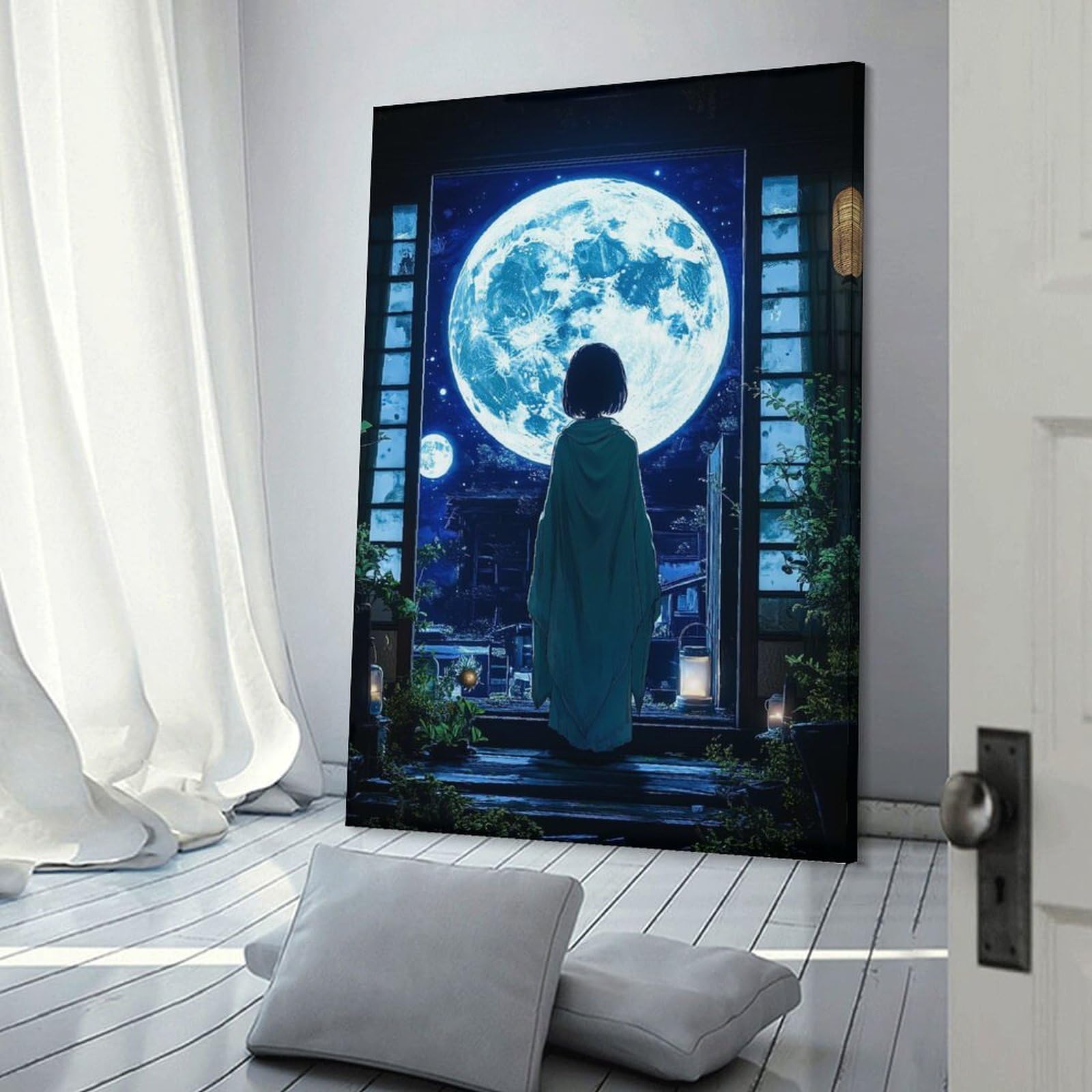 Junmoney Girls Frame-Style-14 Gazing At The Moon Home Decor Wall Art 08X12inch(20X30cm), For Bedroom, Guest Room Or Reading Nook, Decorative Wall Art For Cosy Rooms