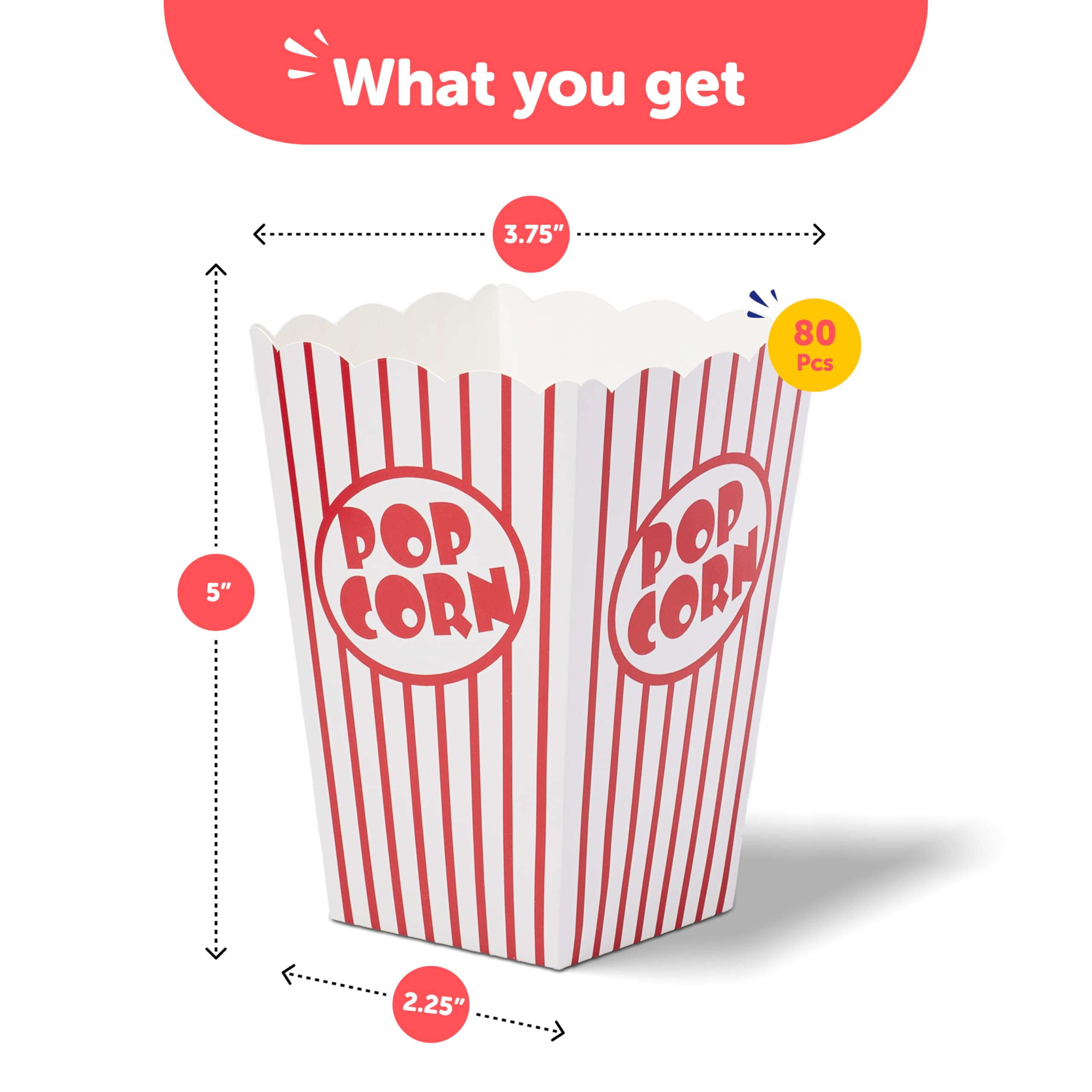 Cajas de palomitas de maíz de noche de cine para fiesta (paquete de 80) – Cubos de papel para palomitas de maíz – Bolsas de palomitas de maíz rojas y blancas para máquina de palomitas de maíz,