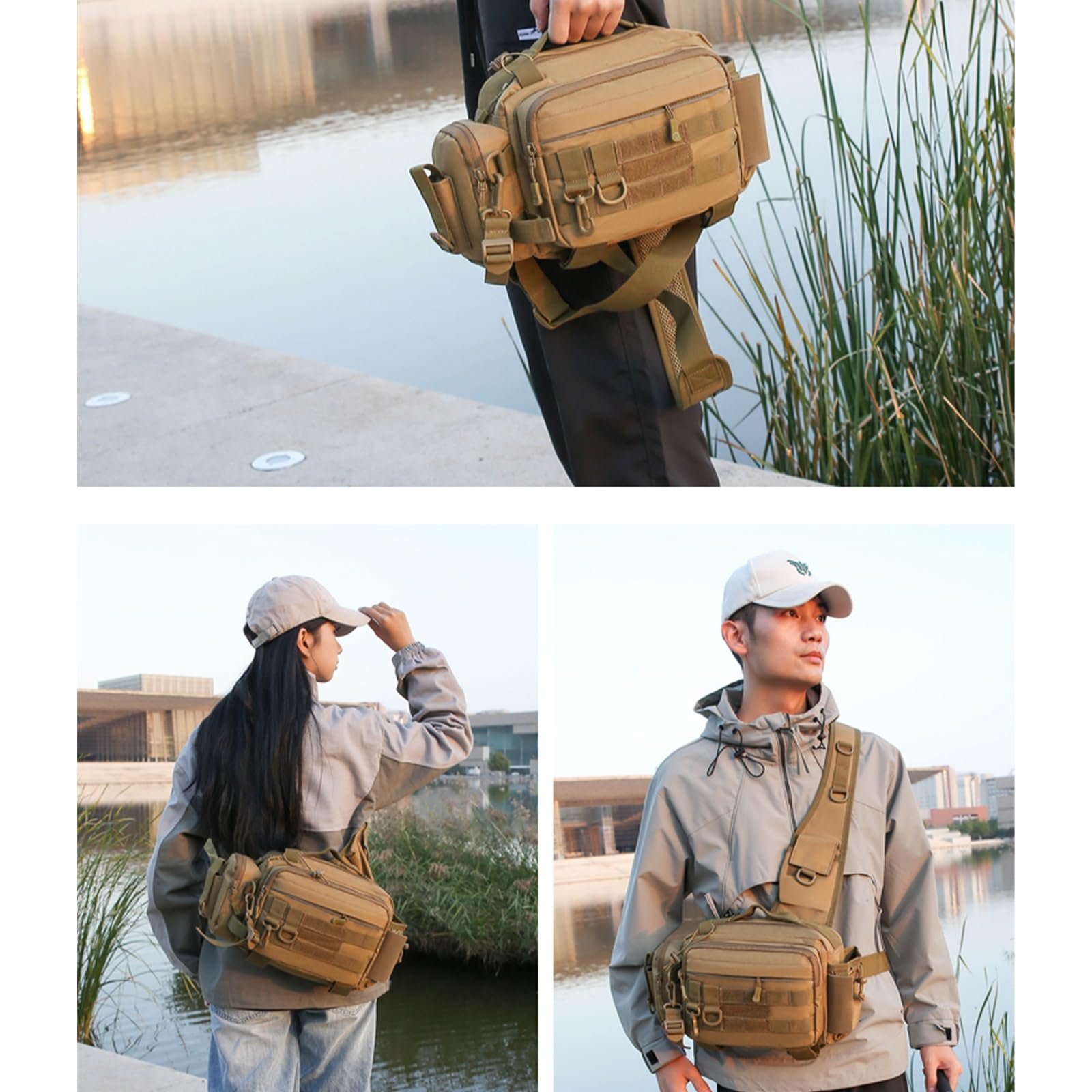 Borsa Pesca Tattica, Multifunzionale Resistente All'Acqua Cintura Tracolla, con Portacanna Sistema Molle per Pesca All'Aperto, Escursionismo Viaggi(Black)