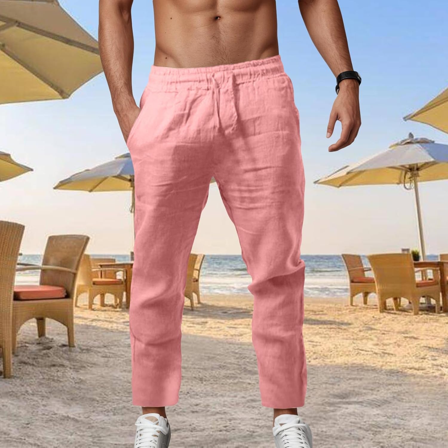 ZHUER Mens Summer Linen Pants Lightweight Straight Leg Pants Comfy Elastic Waist Loose Casual Beach Yoga Trousers Pockets