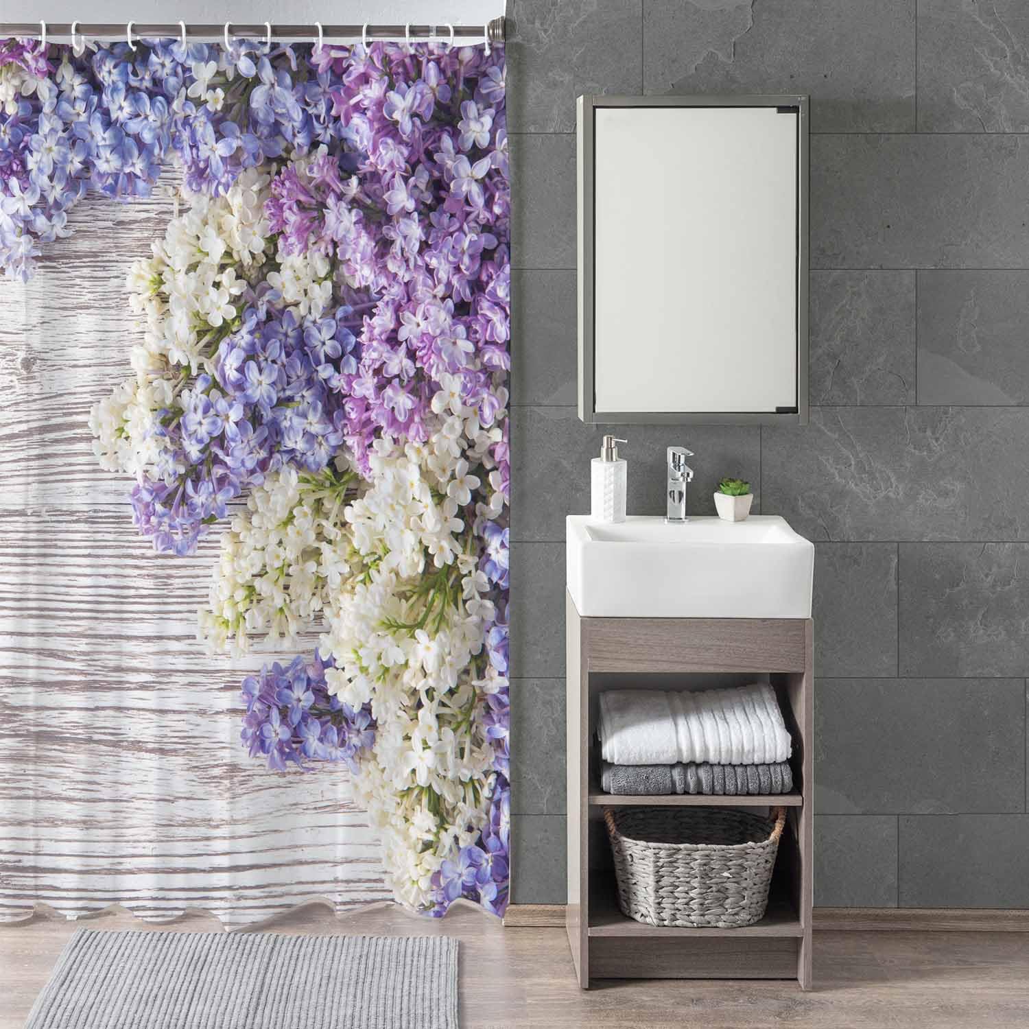 Woutay Shower Curtain Water Repellant Fabric Purple Flowers Bouquet,Mould Proof Resistant,Polyester,with 12 Plastic Hooks - Image 3
