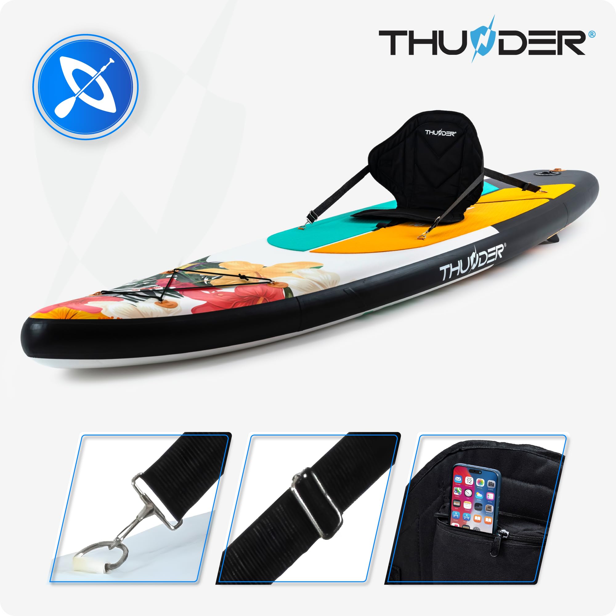 THUNDER Planche Sup Gonflable 320 cm avec Siège Kayak – Stand Up Paddle Board Set avec Pompe, Pagaie & Sac à Dos – Antidérapant pour Adultes & Débutants