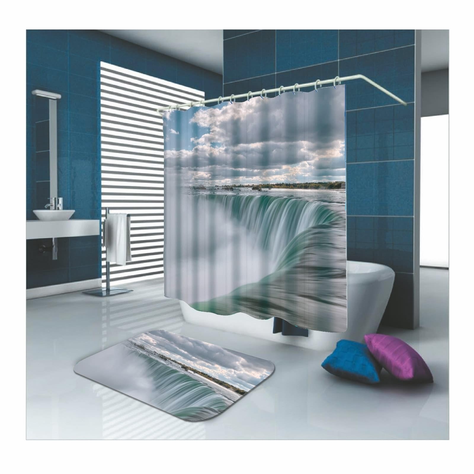 Rideau de douche blanc 165x200 cm motif cascade en polyester pour baignoire