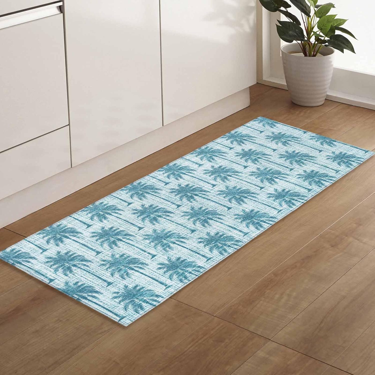 Teamery Kitchen Mats for Floor Coastal Beach Palm Tree Washable Non Slip Kitchen Rugs 1PCS, Summer Botanical Cyan Linen Absorbent Standing Mats for Sink Bathroom Office Living Room 15.7x47.2in
