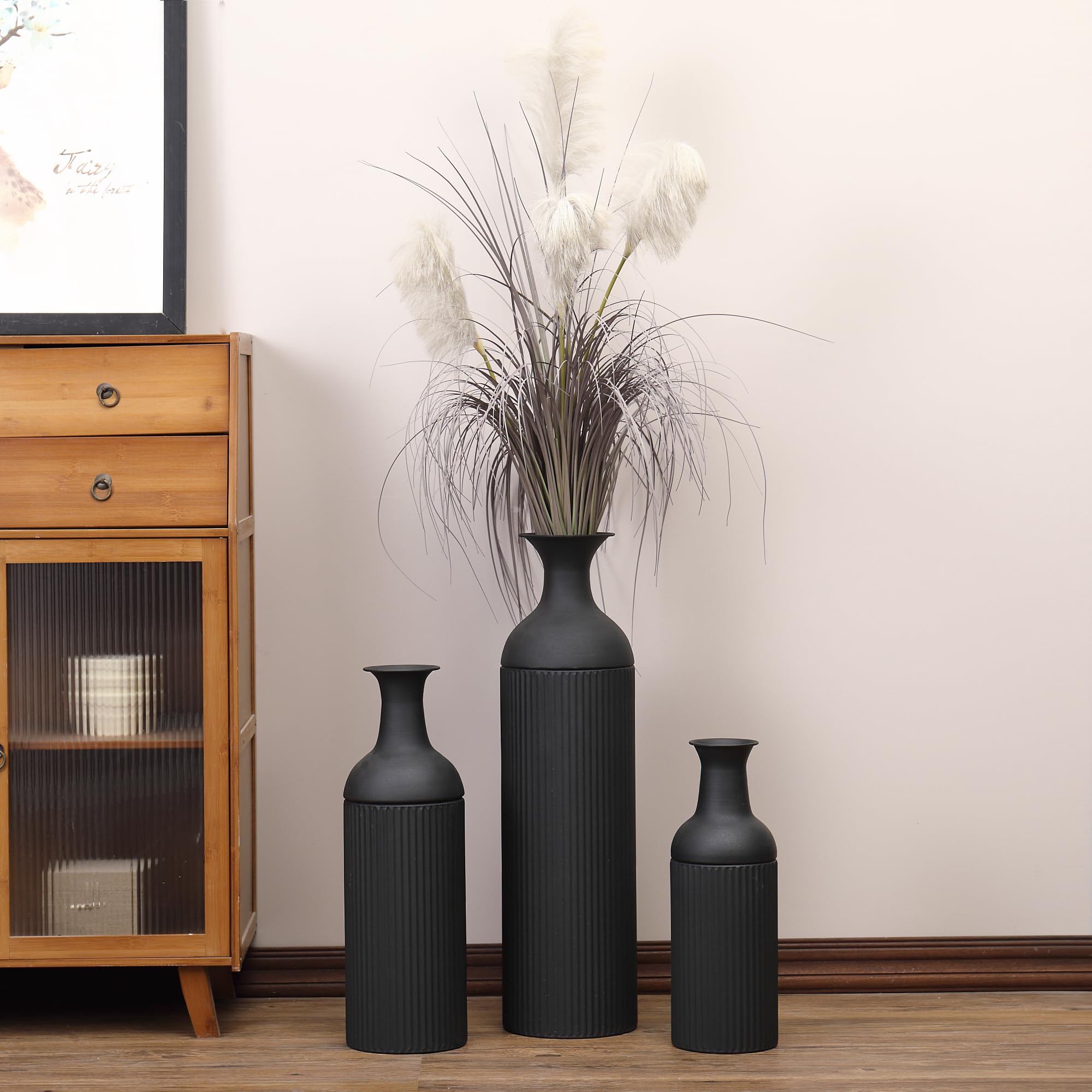 Hohe Vasen für den Boden, große Bodenvasen 3er-Set, hohe Blumenvase, Schwarze Metallvase für Wohnzimmer, Eingangsbereich, Büro, Esszimmer, Schlafzimmer, Kamin, Wohnecke