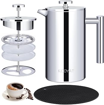 Cafetiere 8 Cup,1000ml French Press Coffee Maker,Double Wall,Silver
