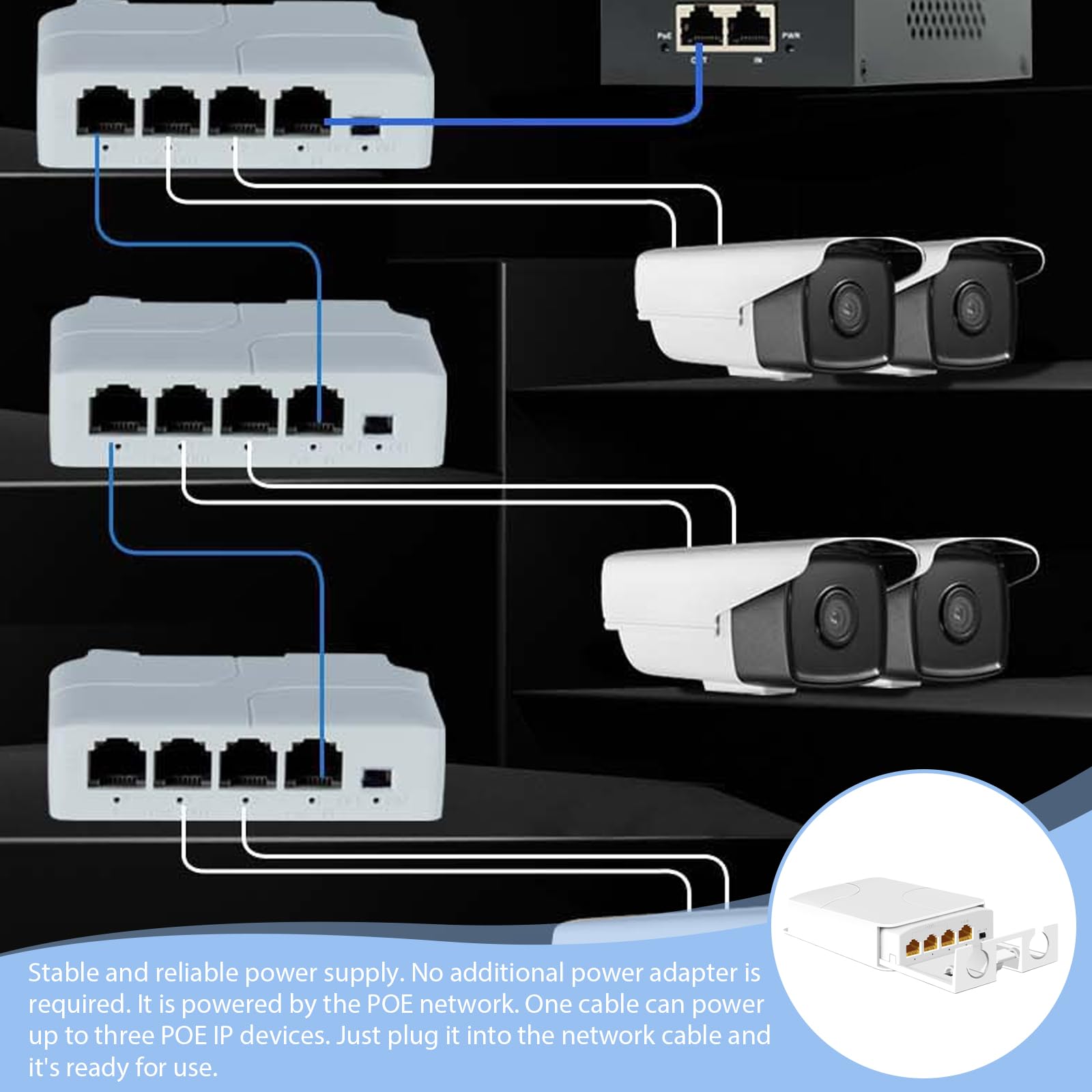 Gigabit PoE Extender, Outdoor 4 porte PoE Switch, 1000Mbps Distanza di trasmissione 100m, 1PoE in 3PoE Out Extender IEEE 802.3 af/at Ripetitore PoE per iniettore PoE e telecamera di sicurezza, Plug