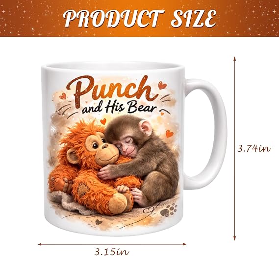 Punch and His Bear Mug with Orangutan Teddy Design 11oz Cute Monkey Ceramic Cup for Drinking Coffee Tea Motivational Adorable Punch The Monkey Mug Present for Birthday Mothers Day Gifts