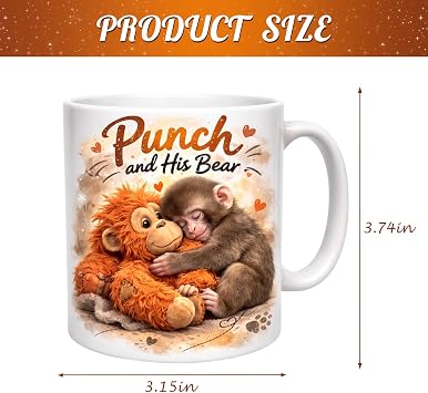 Punch and His Bear Mug with Orangutan Teddy Design 11oz Cute Monkey Ceramic Cup for Drinking Coffee Tea Motivational Adorable Punch The Monkey Mug Present for Birthday Mothers Day Gifts
