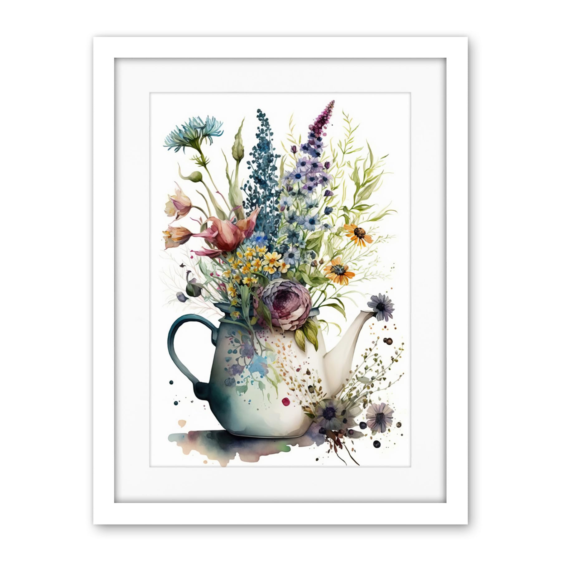 Artery8 Spring Wildflower Floral Bouquet in a Teapot Vase Artwork Framed Wall Art Print 18X24 Inch