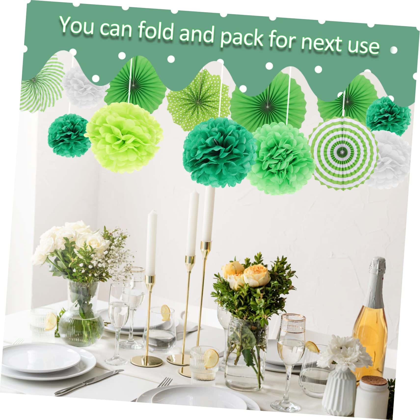 ABOOFAN 4 Sätze Teiliges Party Deko Set Grün Papierfächer Und Pompons Kombination Vielseitige Hängedekoration Für Hochzeit Geburtstag Babyparty Decke Fenster Und 14 Stück * 4