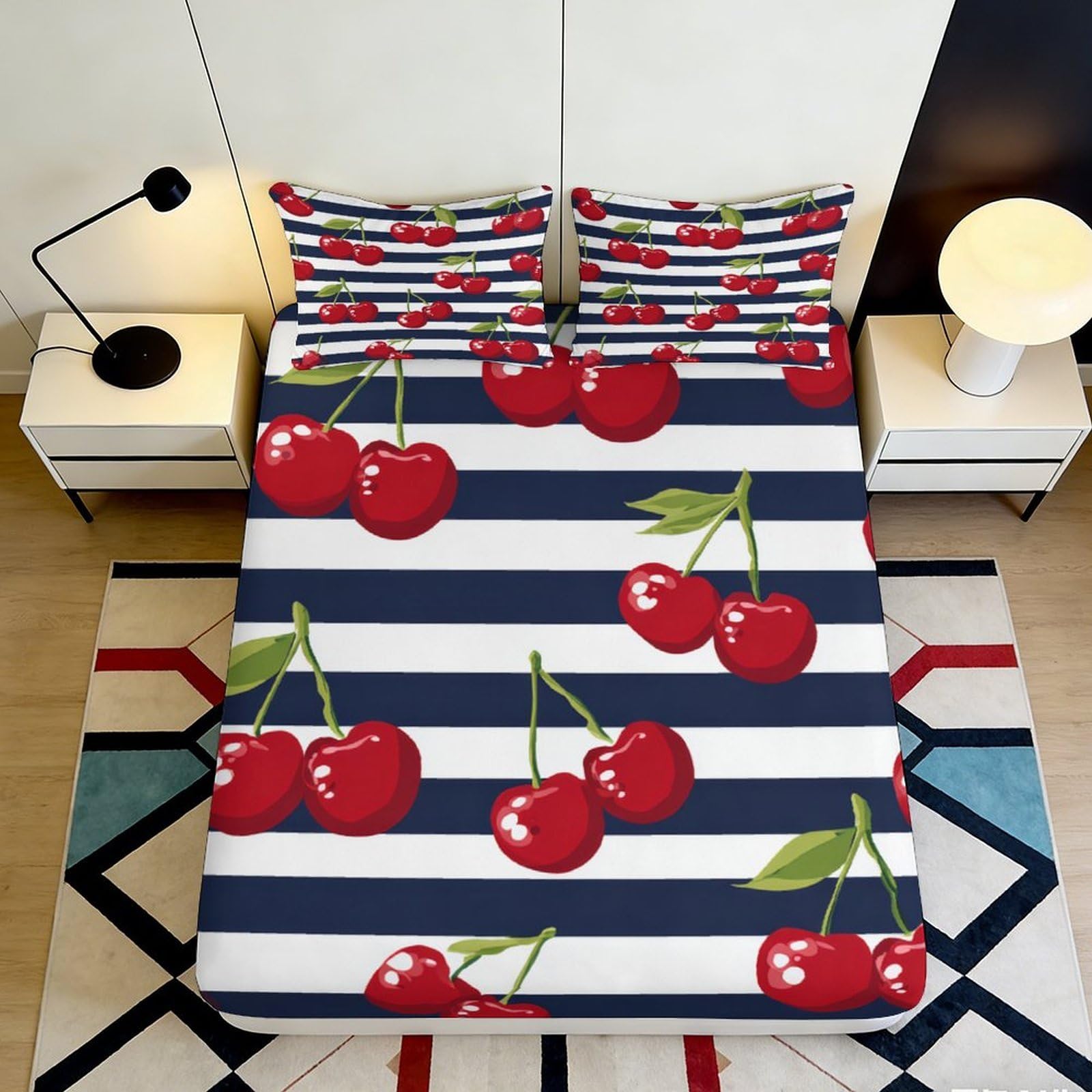 Uxinyoume Style-4 3D Printed Cherry Stripe Fitted Sheet Microfiber Soft Anti-Slip Bed Cover For Bedroom Guest Room Decor Machine Washable 90X200x25cm