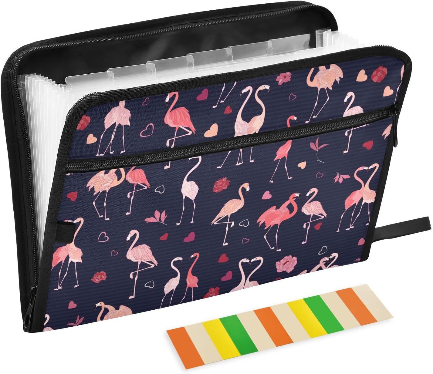 ZZKKO Romantic Pink Flamingo File Folders,Plastic Folders with 13 Pockets,Expandable File Folder for Documents School Students Office,Aesthetic Folder with Labels A4 Letter Size