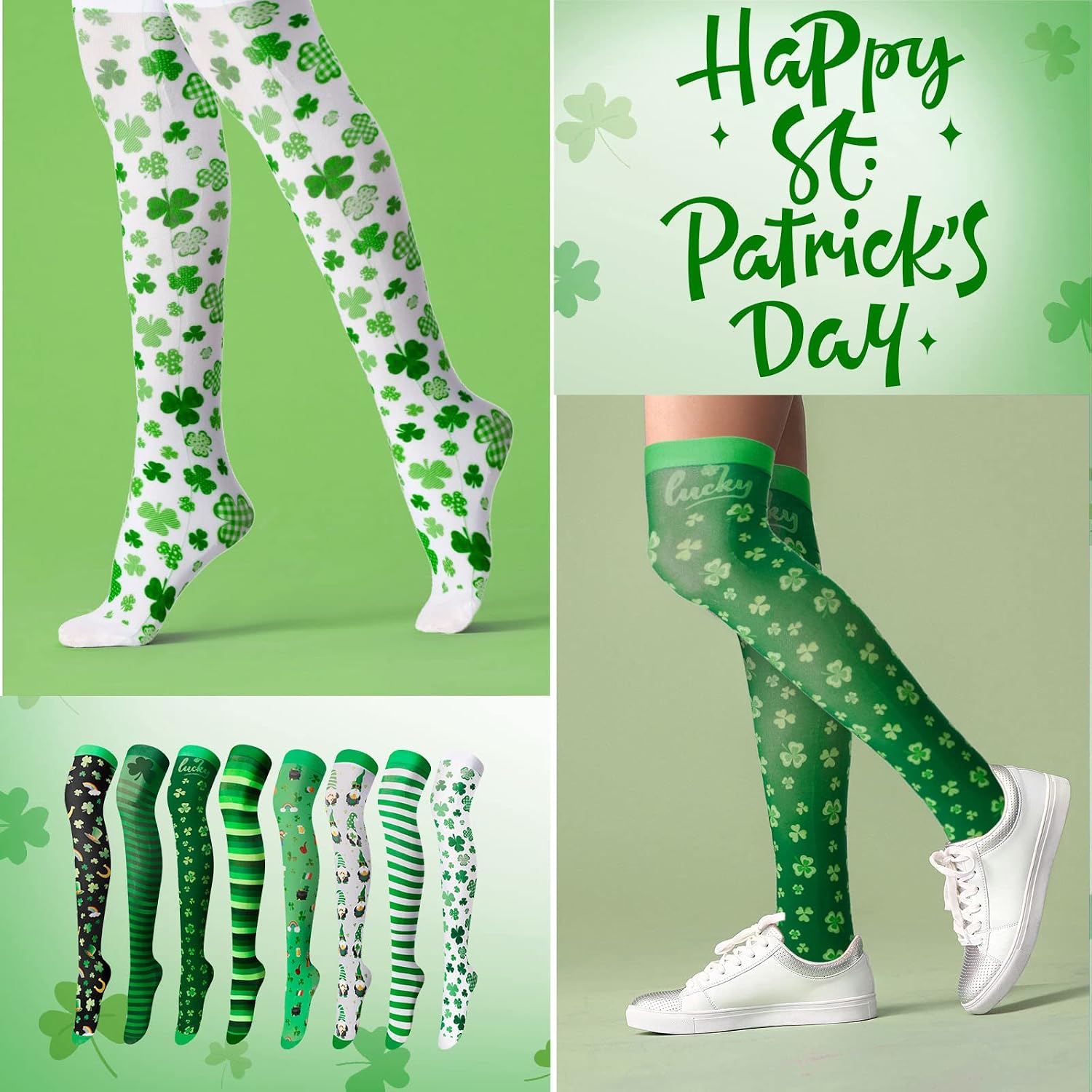 Mumufy 8 Pairs St. Patrick Day Socks Shamrock Clover Striped Thigh High Socks Novelty Green Irish Festival over Knee Stocking Cosplay Party Holiday Gifts for Women Girls