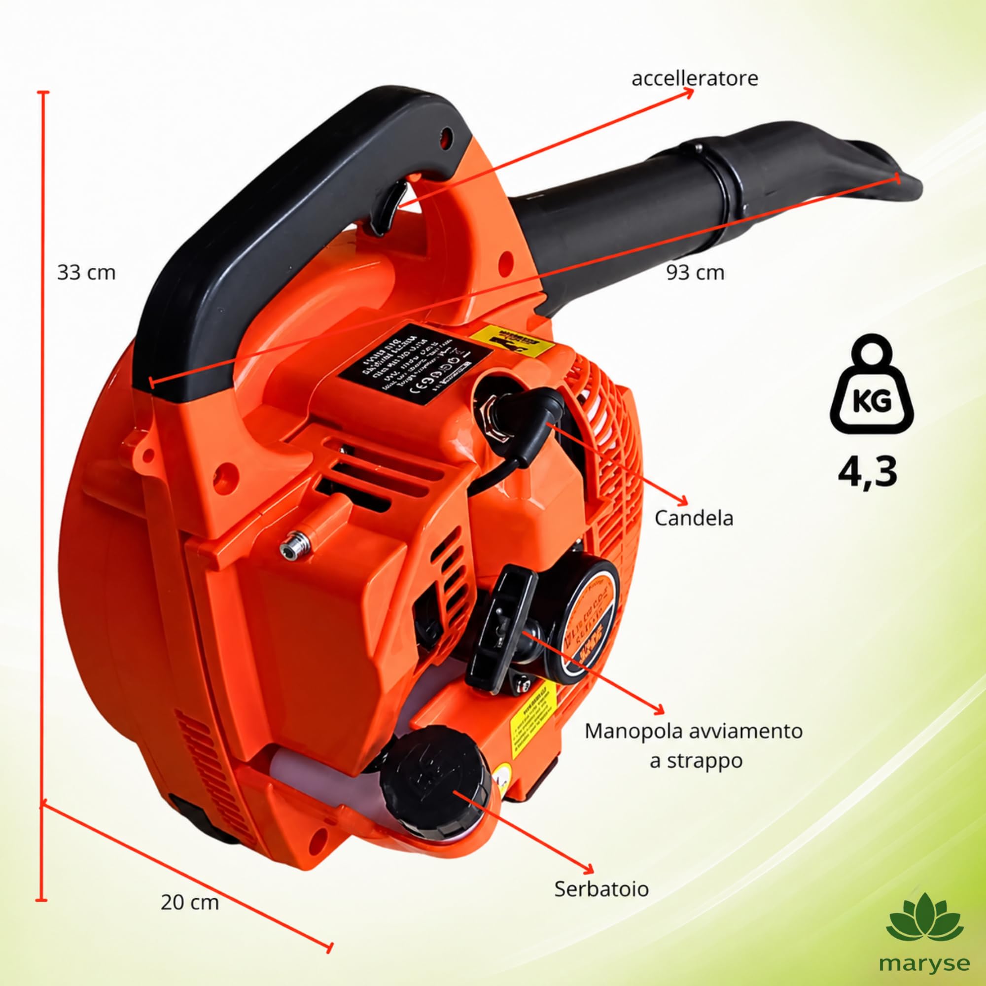 Soffiatore a Scoppio 52 cc LEGGERO – AVVIAMENTO FACILE - Motore 2 Tempi da 1500 W – Getto d’Aria 65 m/s per Rimozione Foglie e Detriti – Impugnatura per COMFORT UTILIZZO - Serbatoio 0,65 L