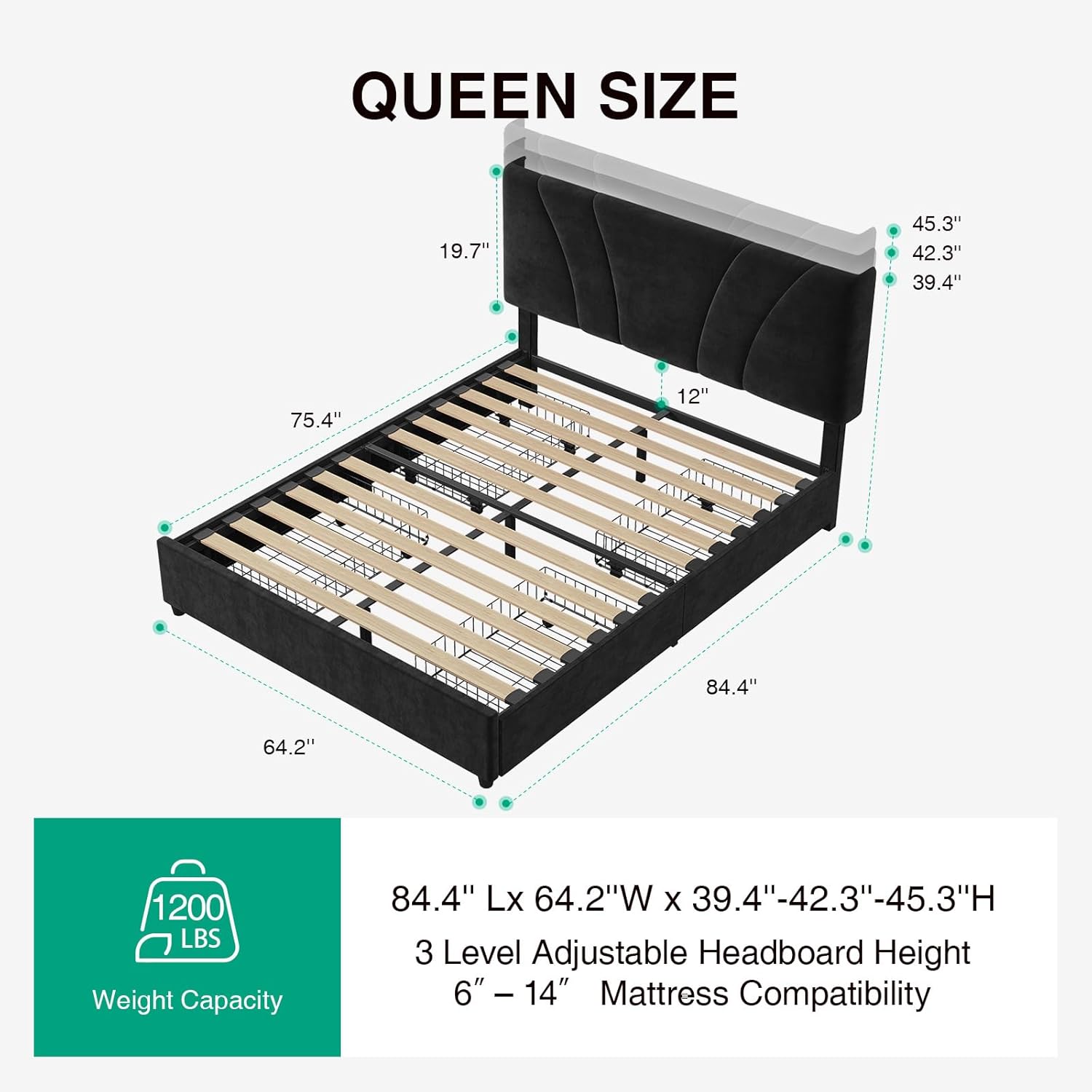 Novilla Queen Bed Frame with Headboard, Queen Bed Frame with Drawers, Queen Bed Frame with LED Lights, Charging Station and Adjustable Headboard, No Box Spring Needed, Black Velvet
