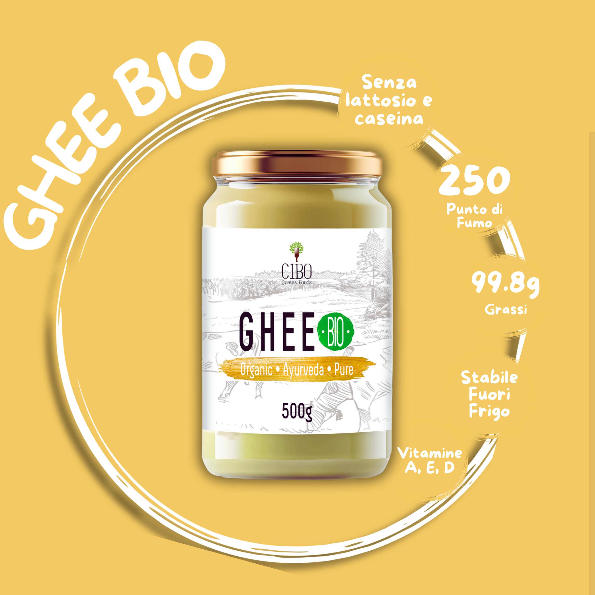Cibo Burro Ghee Biologico 500gr - Latte di Parma e Reggio Emilia - Prodotto in Italia - Mucche al Pascolo - Punto di Fumo 250°C - Da Panna Centrifugata