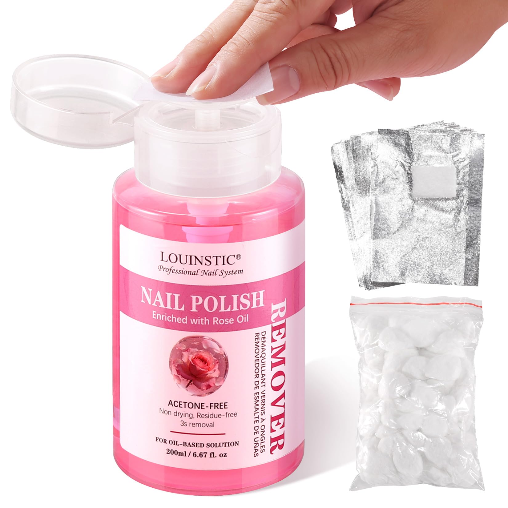Acetone-Free Nail Polish Remover: Gentle Rose Oil Blend Formula, Press Pump
