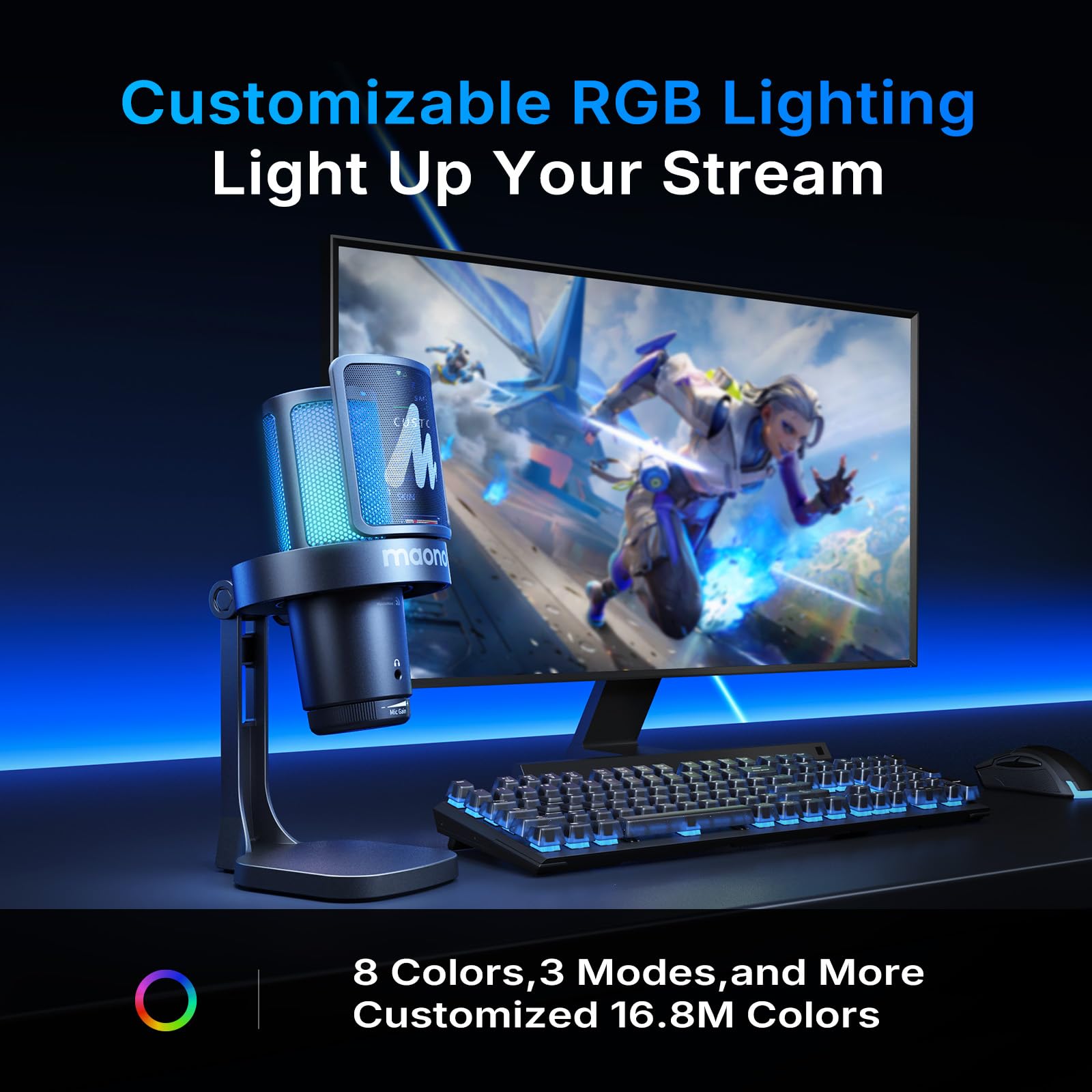 MAONO DGM20WS Wireless Mikrofon für PC, USB Mikrofon mit Mikrofonarm für Gaming & Streaming, Touch-Geräuschunterdrückung, Schnell-Stummschaltung, Gain-Regelung, RGB, Mikrofon für PS5, Twitch & Discord