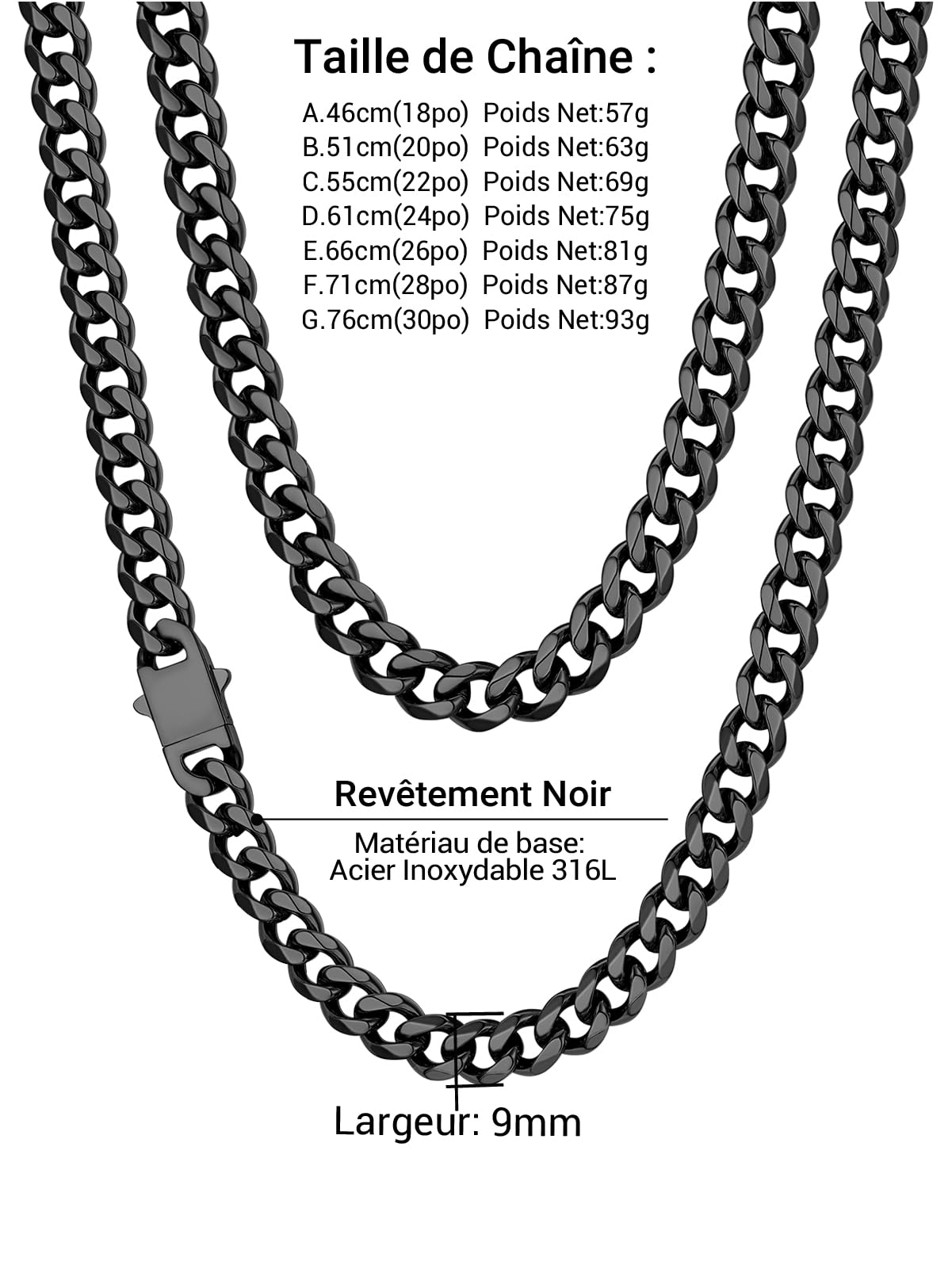 PROSTEEL Collier Homme Chaine Acier Inoxydable/Plaqué Or, Collier Chaine Cubaine Homme Noir, 6/9/12 mm de Large, Longueur de 46/51/55/61/66/71/76 cm, Bijou Hip Hop