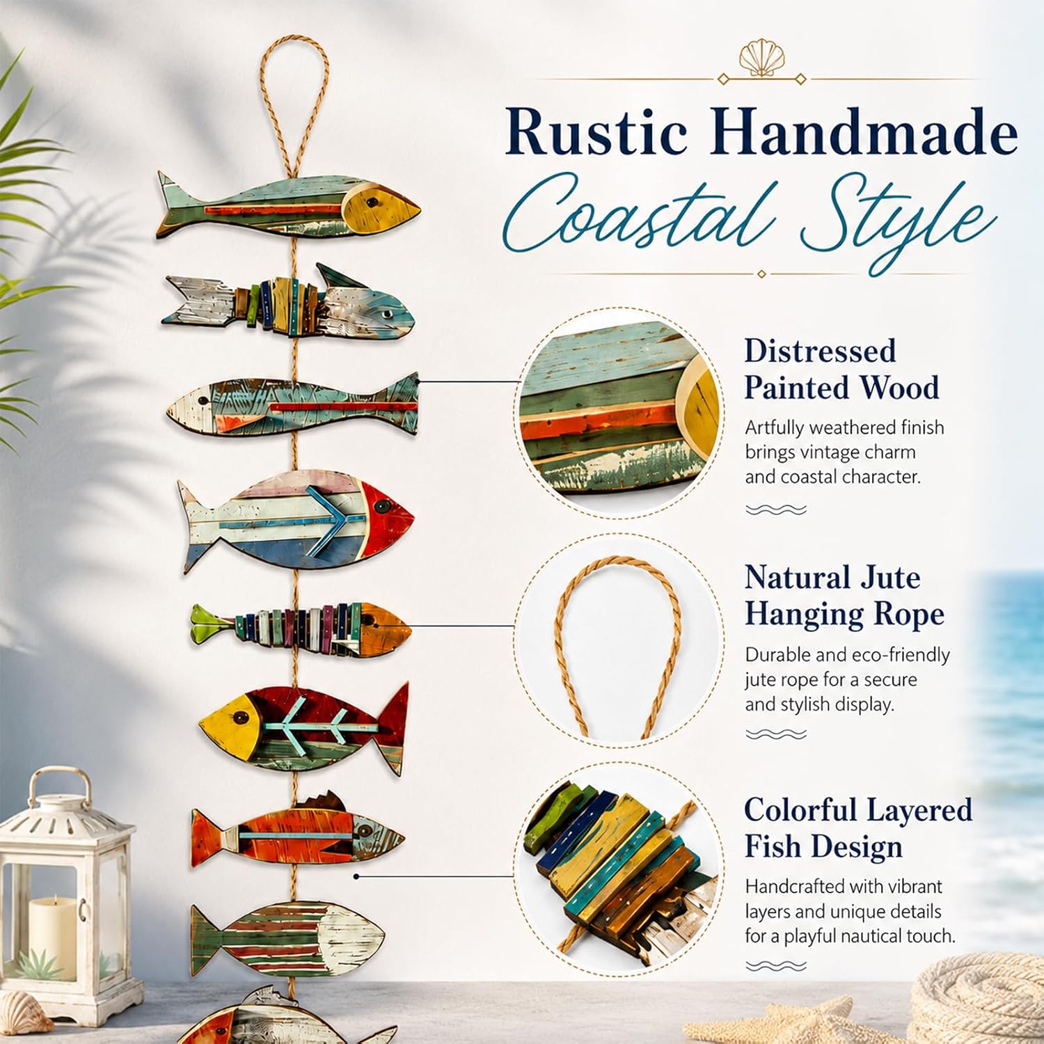 Vaabee Nautical Wooden Fish Wall Decor, 37.5-inch UV Printed Vertical Hanging Art, Rustic Beach Wood Sculpture for Coastal Home Bathroom Bedroom (Colorful)