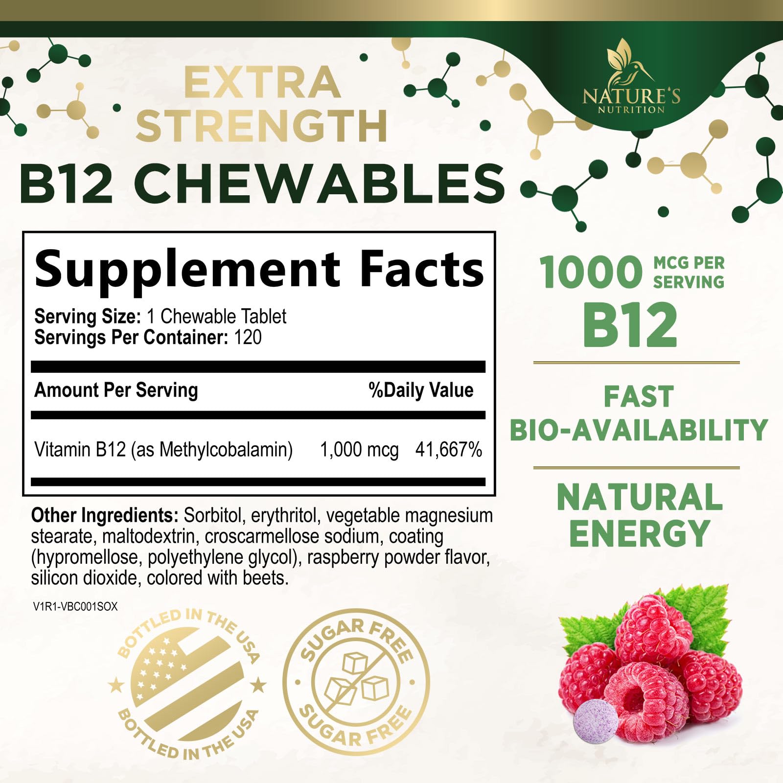 Vitamin B12 1000 mcg - Maximum Strength Methylcobalamin B-12 Chewable Tablet - Energy, Nervous System & Brain Support - Fast Dissolve, Natural Berry Flavor - Women & Men - Bottled in USA - 120 Tablets — Amazon image 2