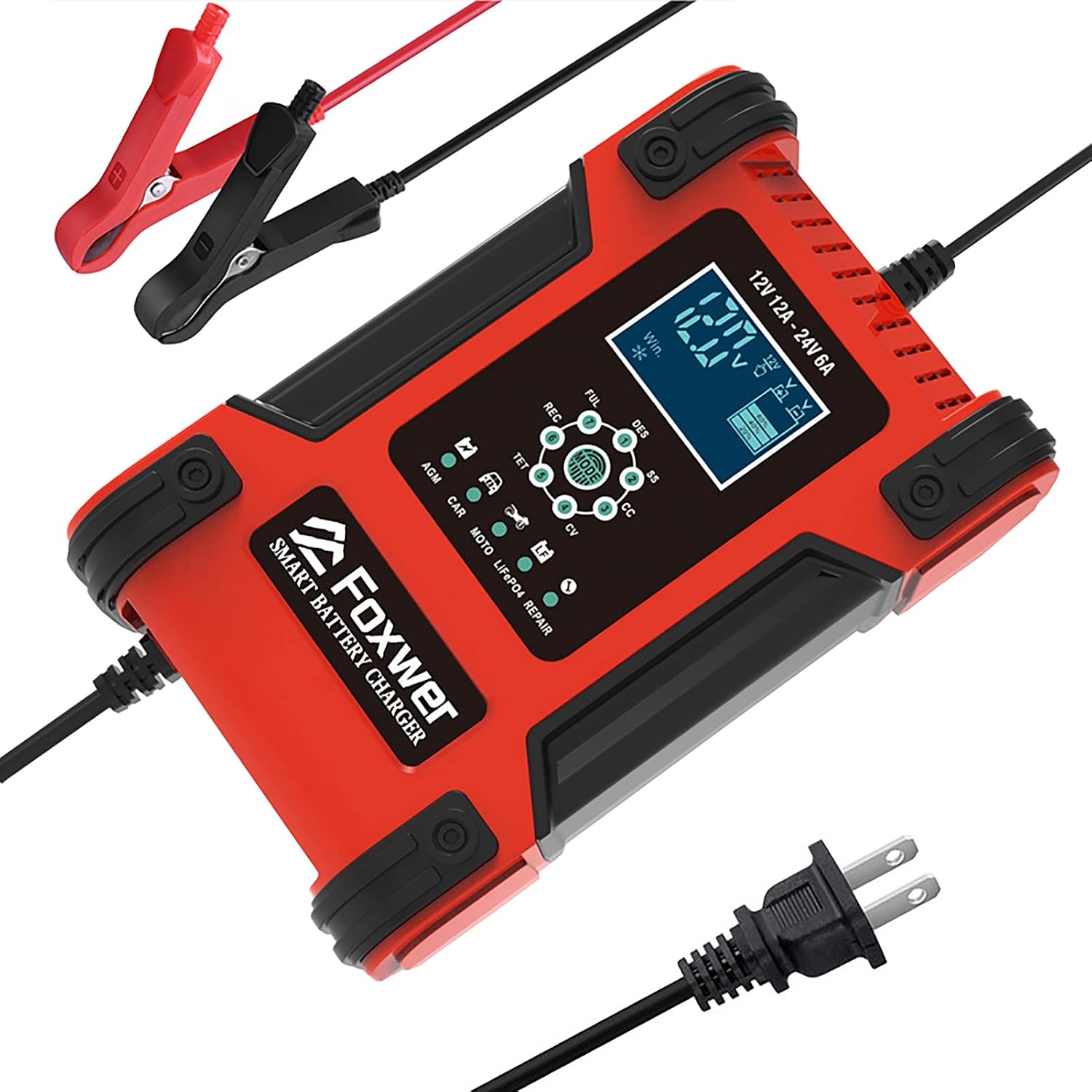 12-Amp Fully-Automatic Smart Charger, Truck Battery Charger Heavy Duty,Battery Charger, LiFePO4 Battery Charger,Battery Maintainer, Trickle Charger with Temperature, 12V12A-R, Red
