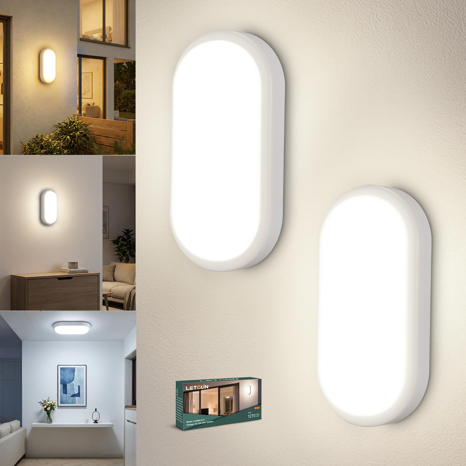 LetGlin Deckenlampe LED Kellerlampe 12W 1200LM, IP54 Wandleuchte Innen, 3000K/4000K/6000K LED Lampe Oval, Wandlampe Feuchtraumleuchte Außen, Kellerleuchte für Keller Flur Treppe Garage, 2 Stück Beleuchtung