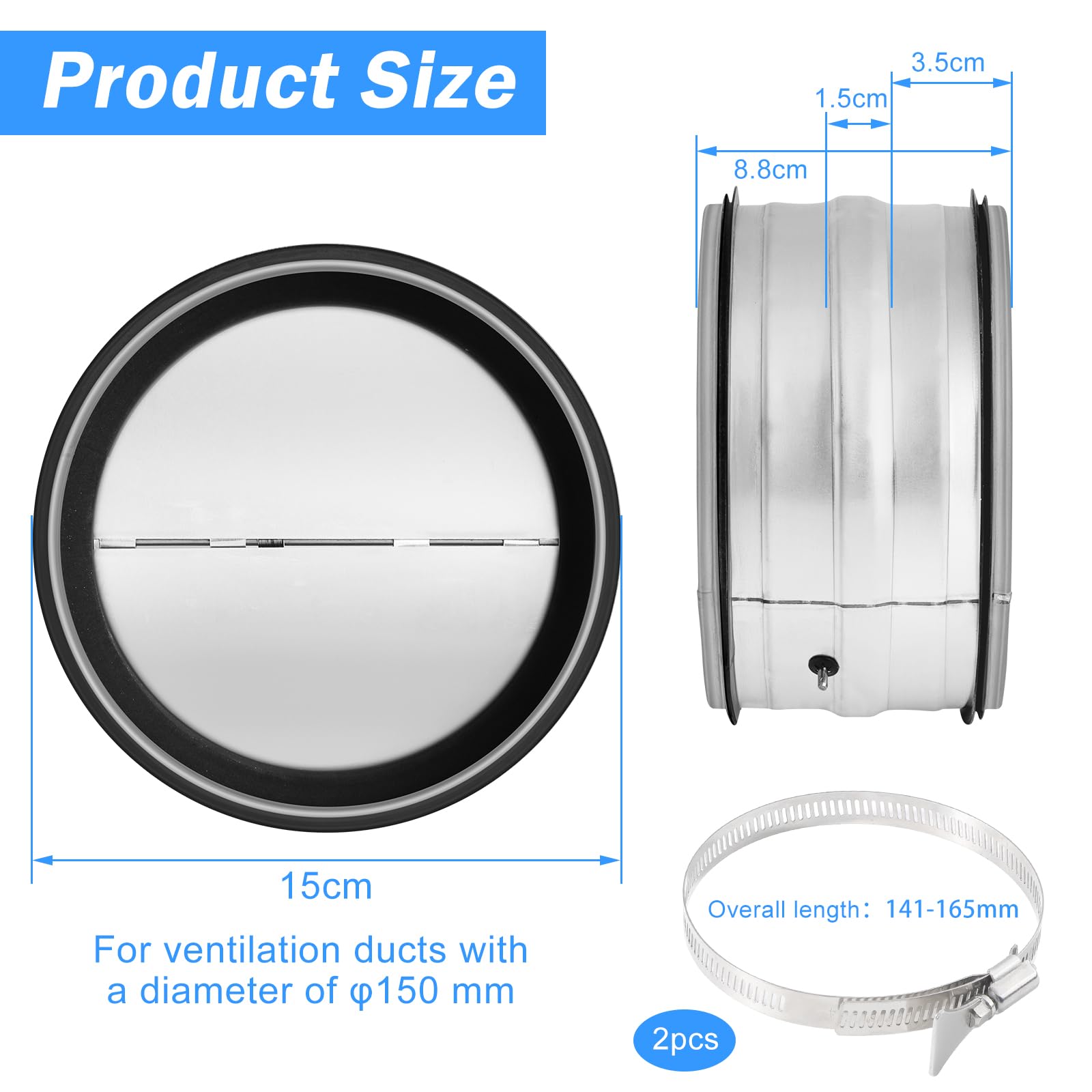 Valvola di Non Ritorno DN 150mm Cappa di Aspirazione, Inserto per Valvola di Non Ritorno in Condotti di Ventilazione, con 2 Morsetti in Acciaio Inox 304 con Maniglie 141-165mm