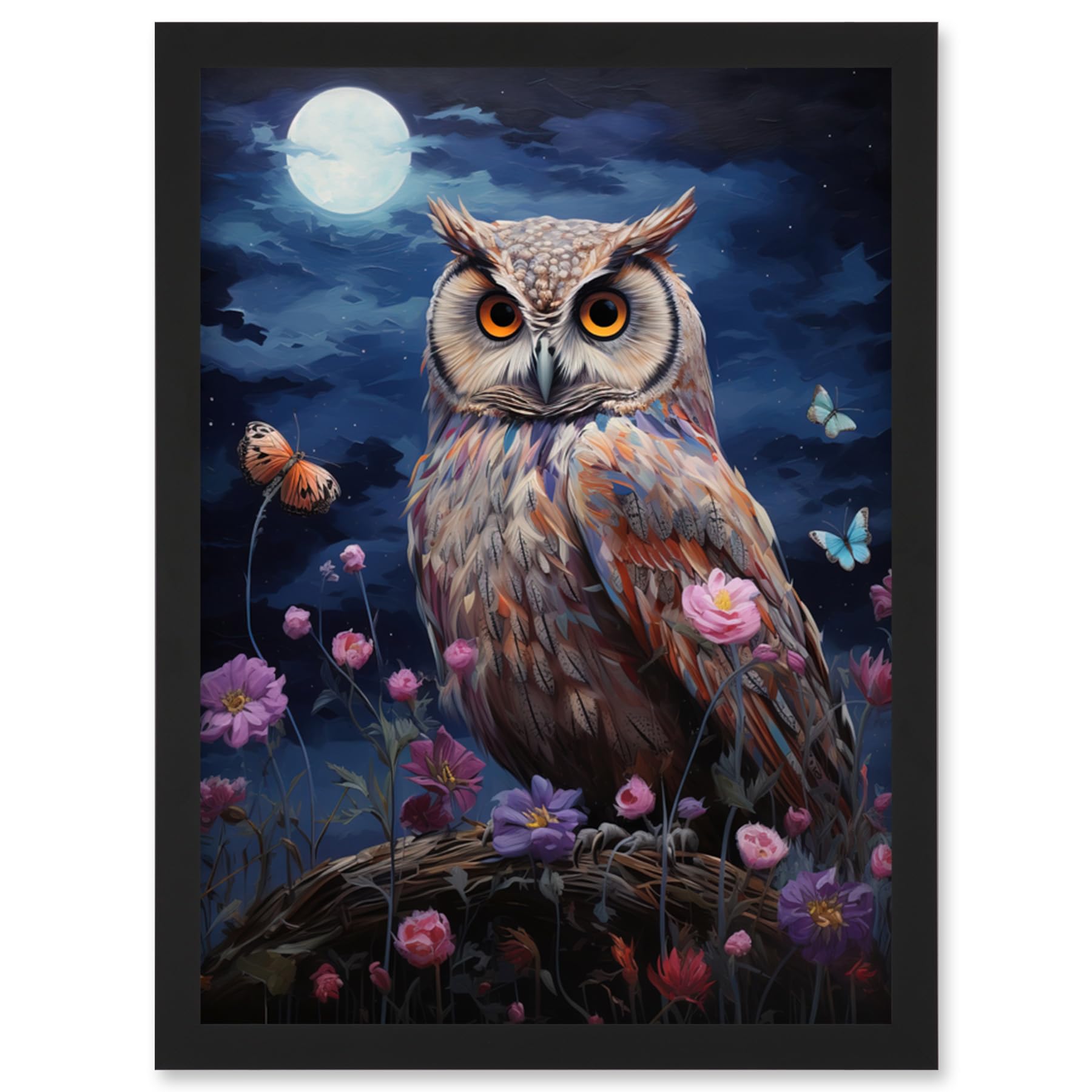 Artery8 Majestic Owl Portrait Oil Painting Great Horned Purple Pink Blue Full Moon in Spring Meadow with Wildflowers Artwork Framed Wall Art Print A4