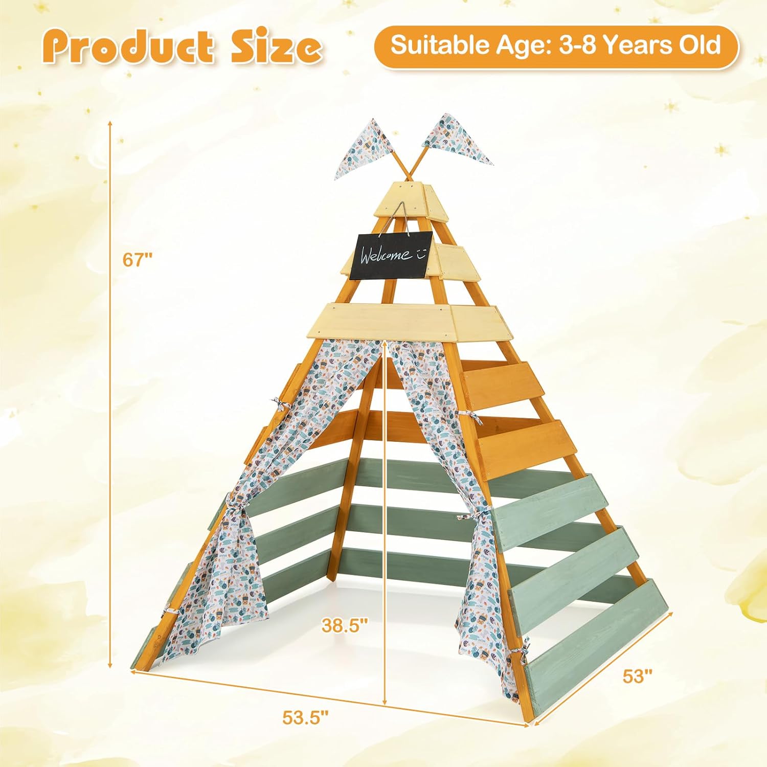 Diagram showing the dimensions of the HONEY JOY Teepee Tent: 53.5 inches length, 53 inches width, and 67 inches height, with a suitable age range of 3-8 years old.